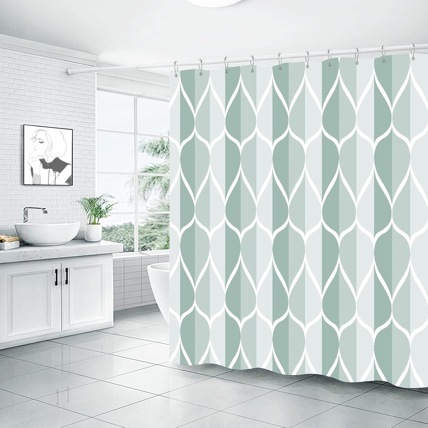 Cortina de ducha hecha de tela, de color verde oscuro, impermeable, de poliéster, diseño geométrico, de secado rápido, dobladillo pesado, juego de