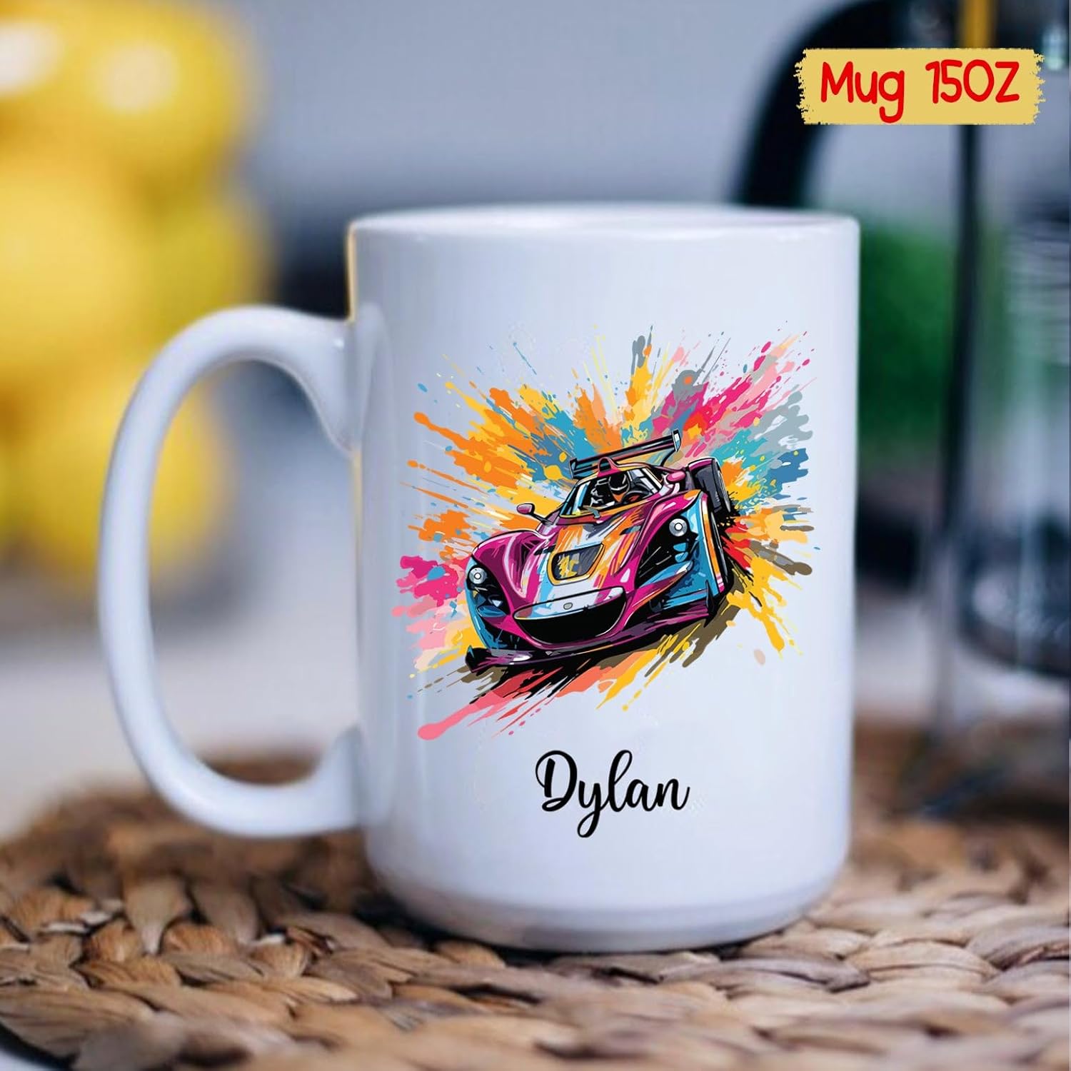 Taza personalizada de carreras de autos con nombre, regalos de taza de café de carreras de coches, taza de té deportiva, taza de acuarela de