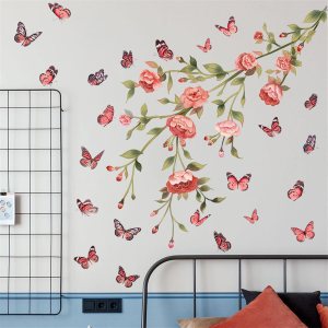 Adhesivo de pared de flores rojas con diseño de mariposas revoloteantes, decoración de pared de plantas florales, papel tapiz para despegar y pegar, Adhesivo de pared de flores rojas con diseño de mariposas revoloteantes, decoración de pared de plantas florales, papel tapiz para despegar y pegar,
