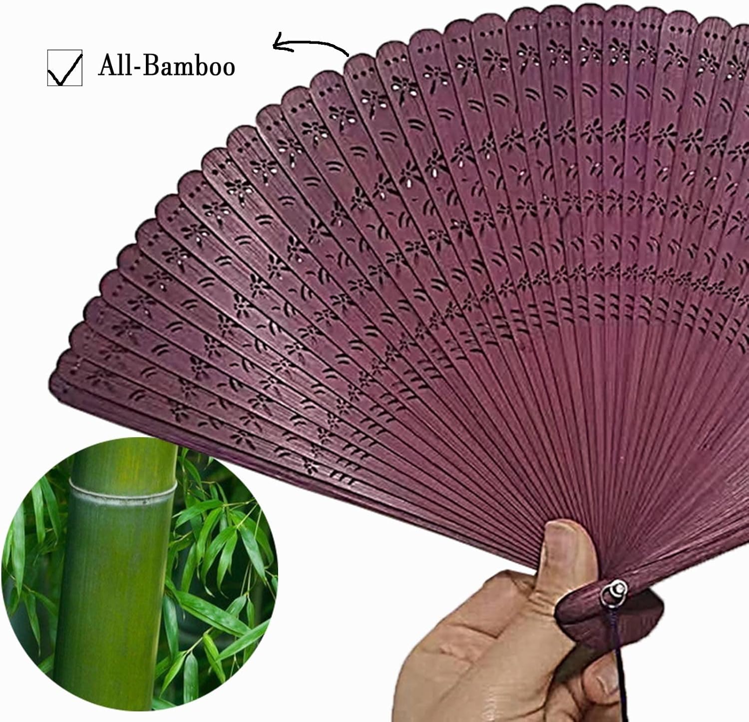 SENJLIE – Abanico plegable de bambú hecho a mano de 7 pulgadas (7.1in) para mujer, ventilador de mano plegable de madera chinajaponesa con bolsa de