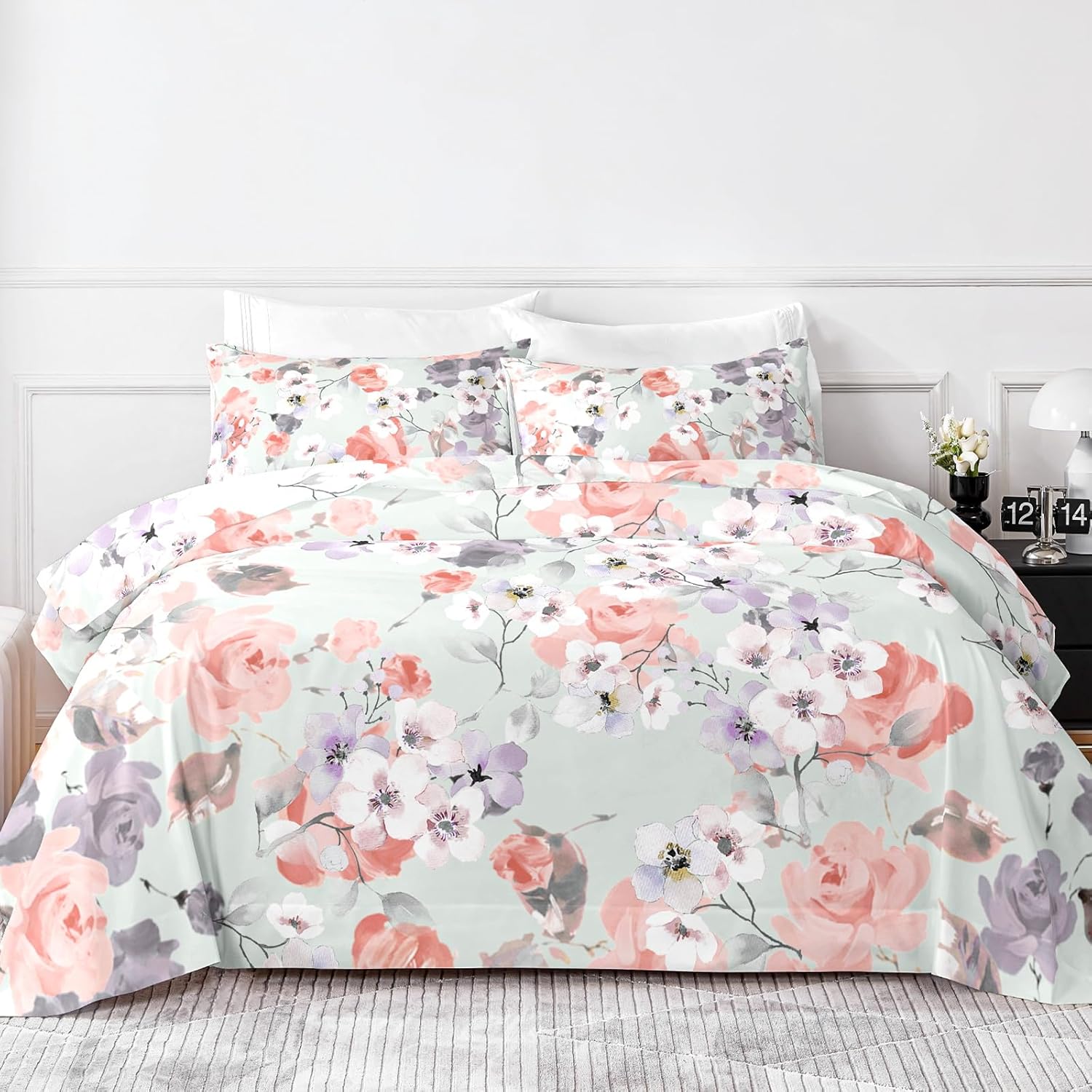 Juego de sábanas Queen  Estampado floral  Sábanas de lujo de microfibra cepillada 1800  Sábanas refrescantes transpirables para cama tamaño Queen