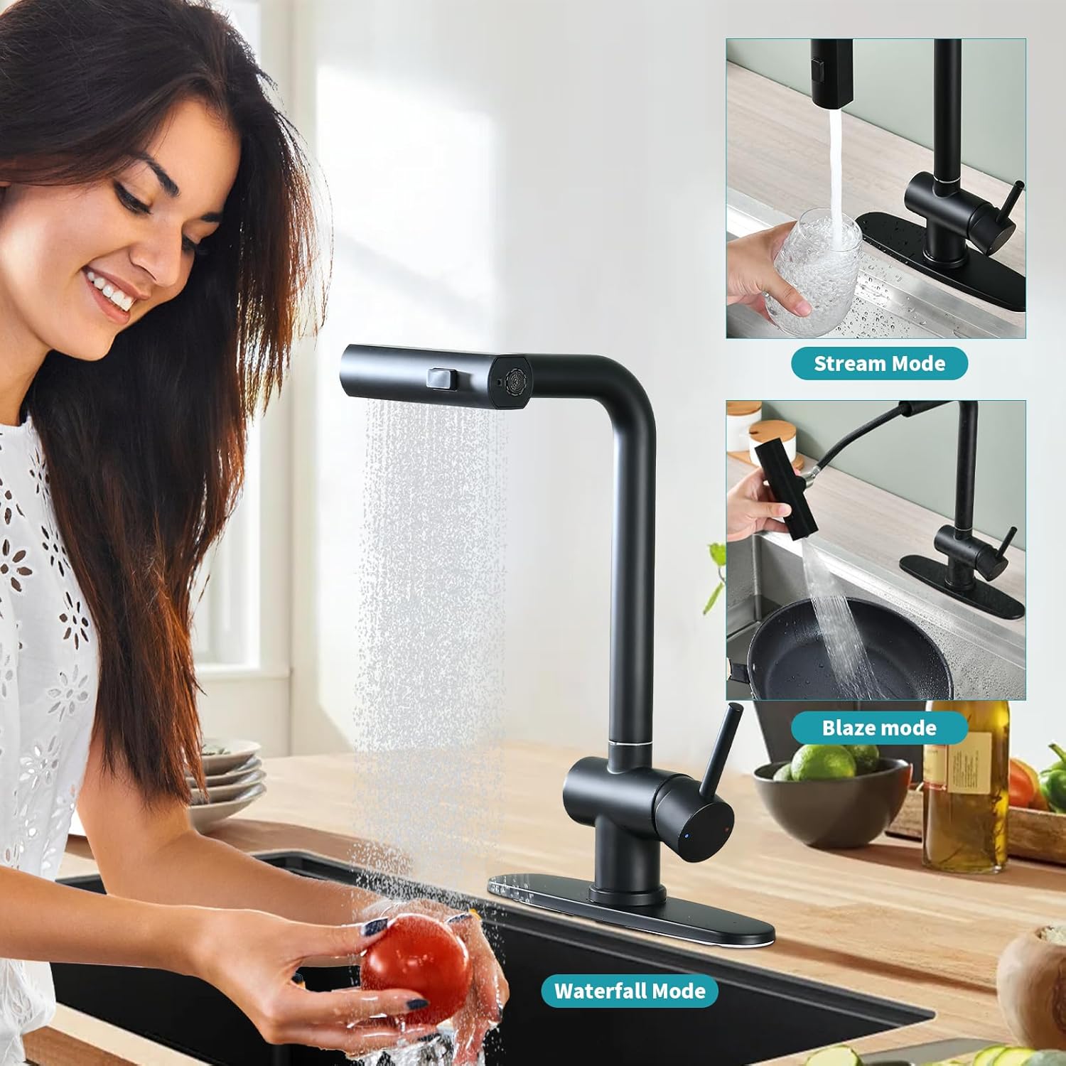 Dornberg Grifo de cocina en cascada con rociador desplegable con línea de agua, montaje de grifo de cocina de acero inoxidable sin plomo con mesa de