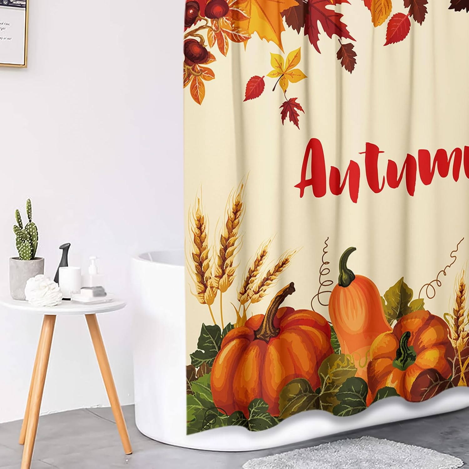 Juego de cortinas de ducha de otoño con tapa de inodoro y alfombras antideslizantes, 4 cortinas de ducha para baño, calabaza naranja, hojas de arce,