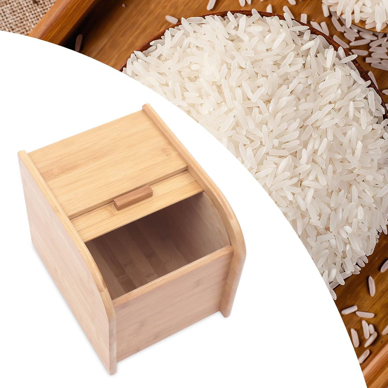 Contenedor de madera para almacenamiento de arroz con taza medidora, caja de almacenamiento en seco para cereales de harina, capacidad de 11 libras