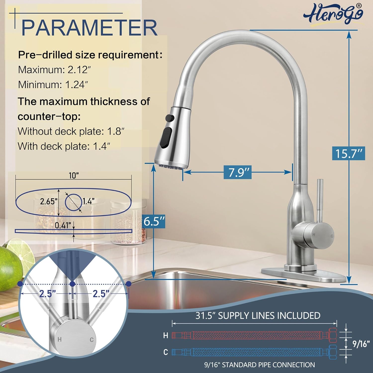 Herogo Grifos para fregadero de cocina con rociador extraíble de níquel cepillado, acero inoxidable, arco alto, grifos extraíbles de un solo nivel