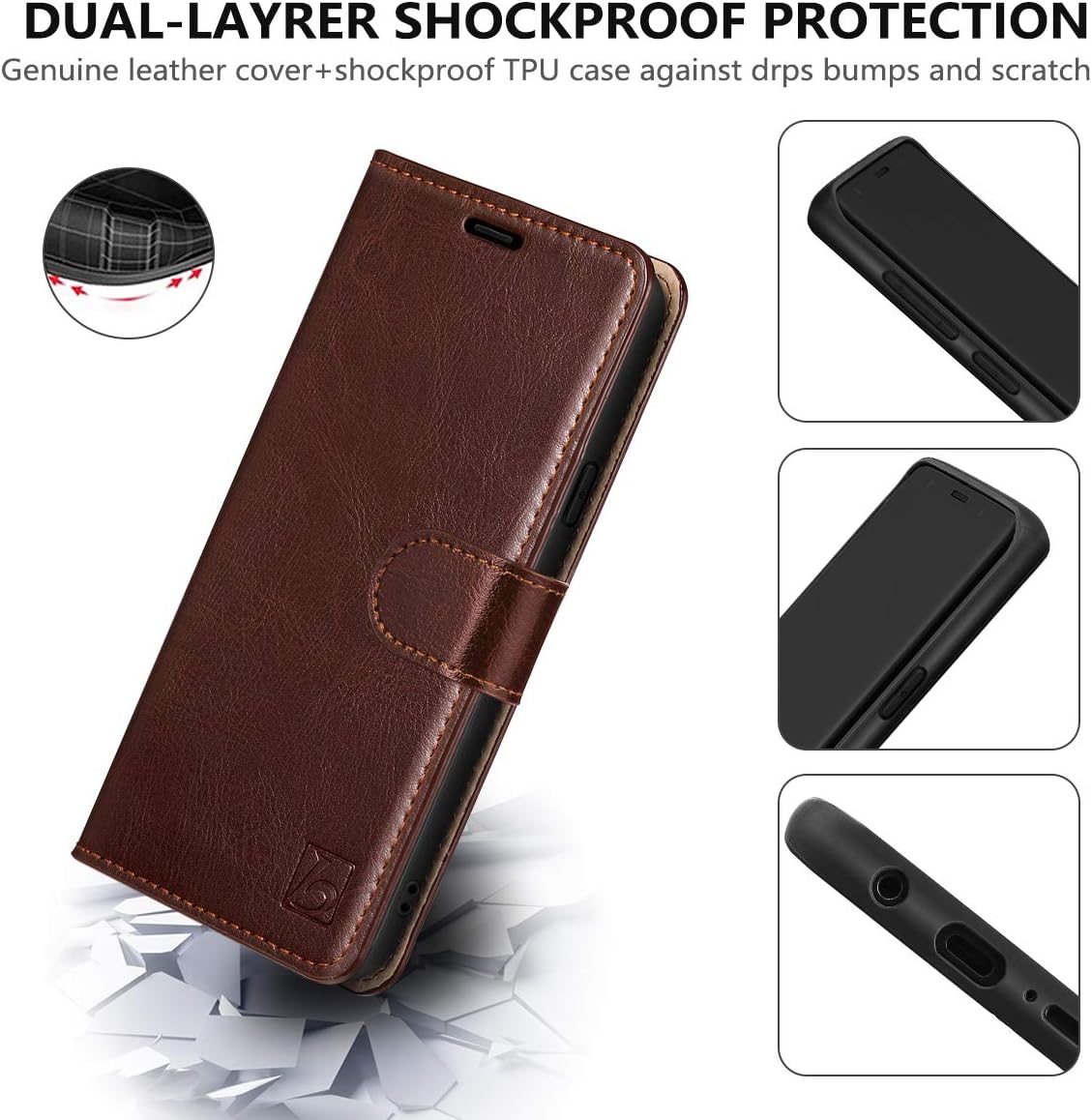 Belemay Funda tipo cartera para Samsung Galaxy S10, piel de vaca auténtica, funda tipo libro tipo folio, ranuras para tarjetero, bolsillos para