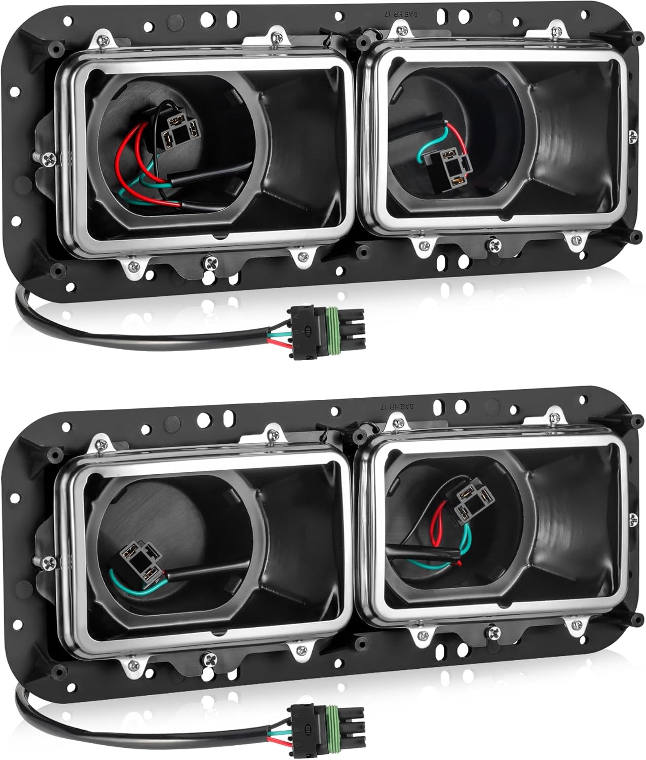 PARTSam Base de carcasa de faros delanteros con enchufes H4, arneses de cable, bisel de acero inoxidable de repuesto para Kenworth T600 T800 W900,