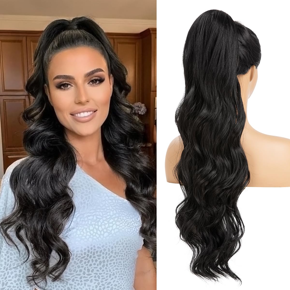 Extensiones de cola de caballo sintéticas resistentes al calor, 26 pulgadas de largo, esponjosas, onduladas, para mujer, color negro