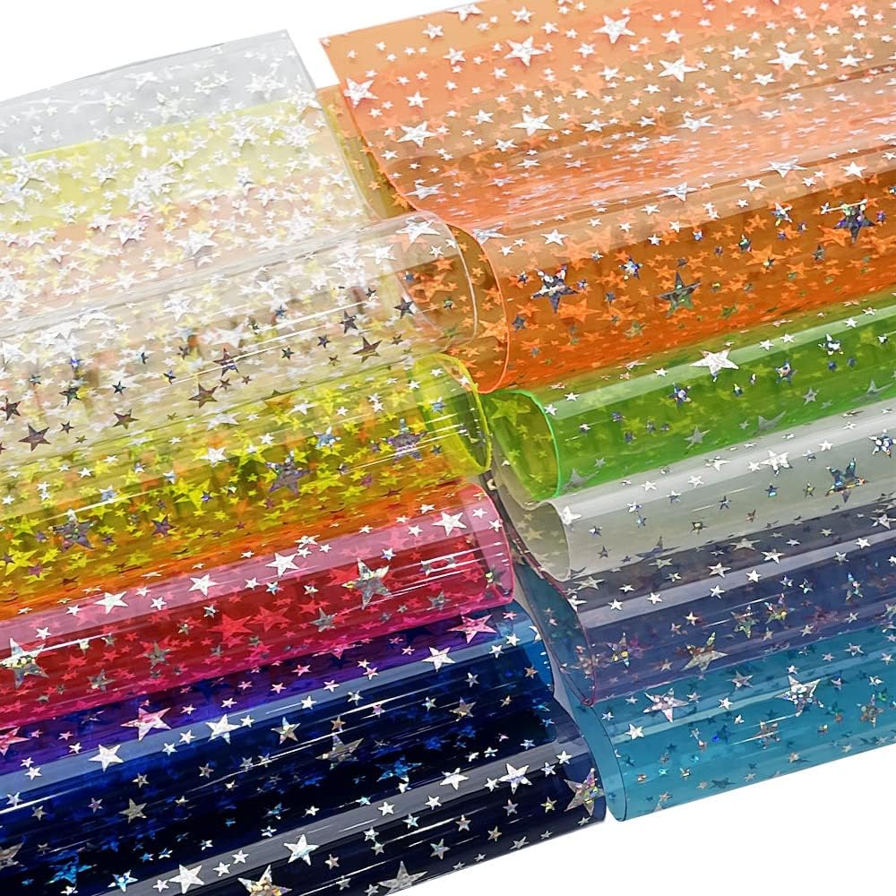 XHT 10 piezas de tela de vinilo de PVC brillante, 8.3 x 11.8 pulgadas, transparente, estampado láser estrella, impermeable, para lazos para el