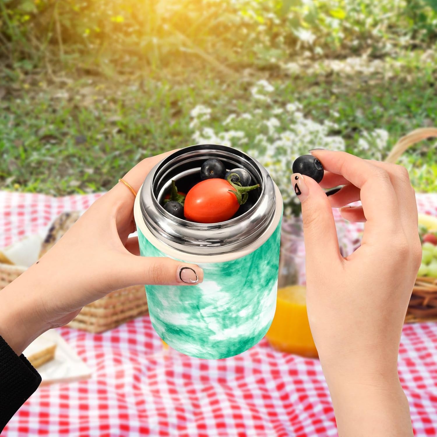 Tarro de comida verde Tie Dye con cuchara de acero inoxidable aislado al vacío contenedor de alimentos de 17 oz termo de alimentos para alimentos