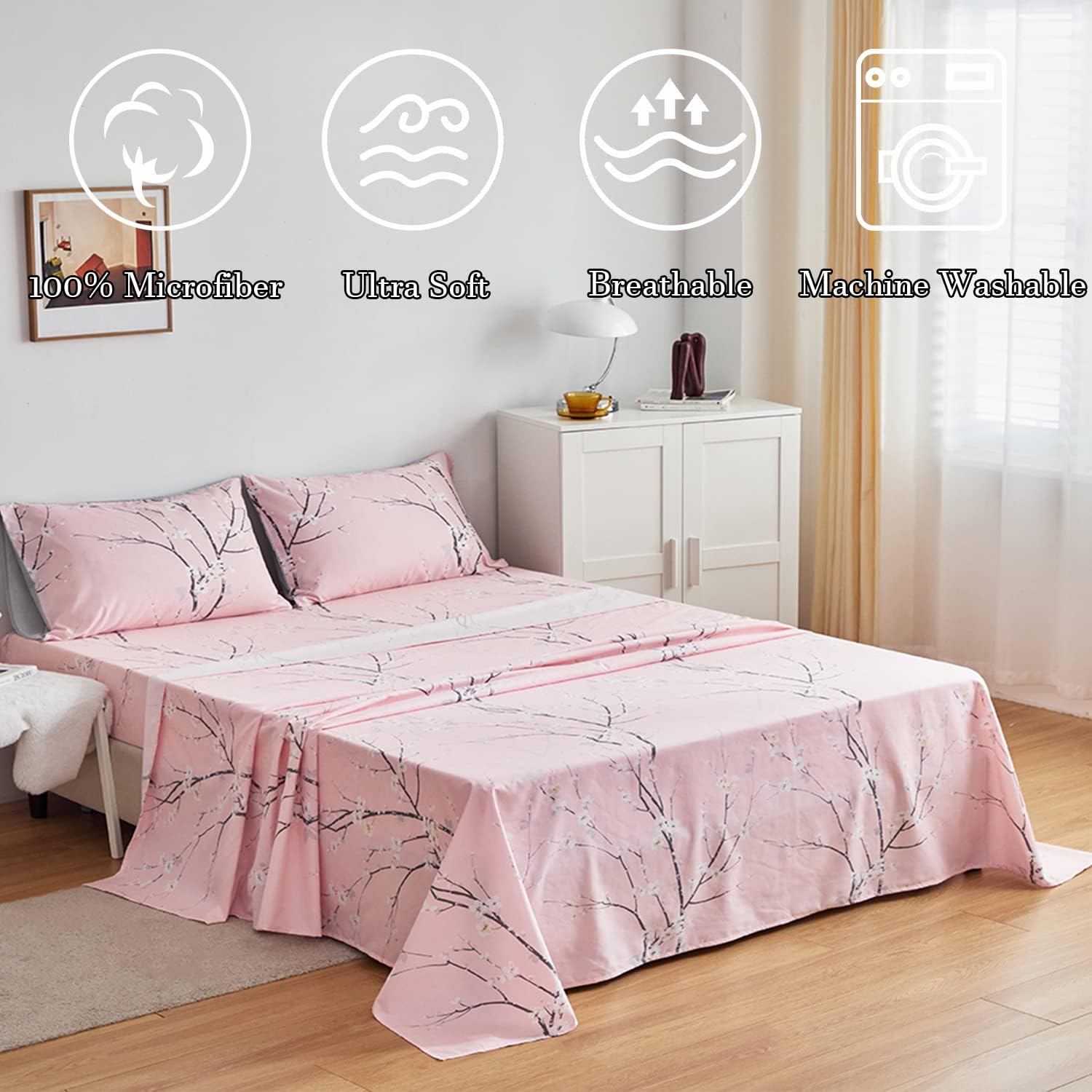 ZRNBAST Juego de sábanas tamaño King de 4 piezas color rubor con bolsillo profundo con estampado de ramas florales, juego de sábanas de color rosa