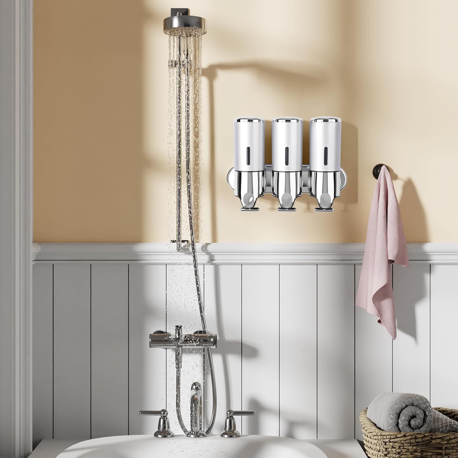 Dispensador de jabón de ducha de baño de cámara 3 en 1, dispensador de champú y acondicionador montado en la pared con etiqueta impermeable,
