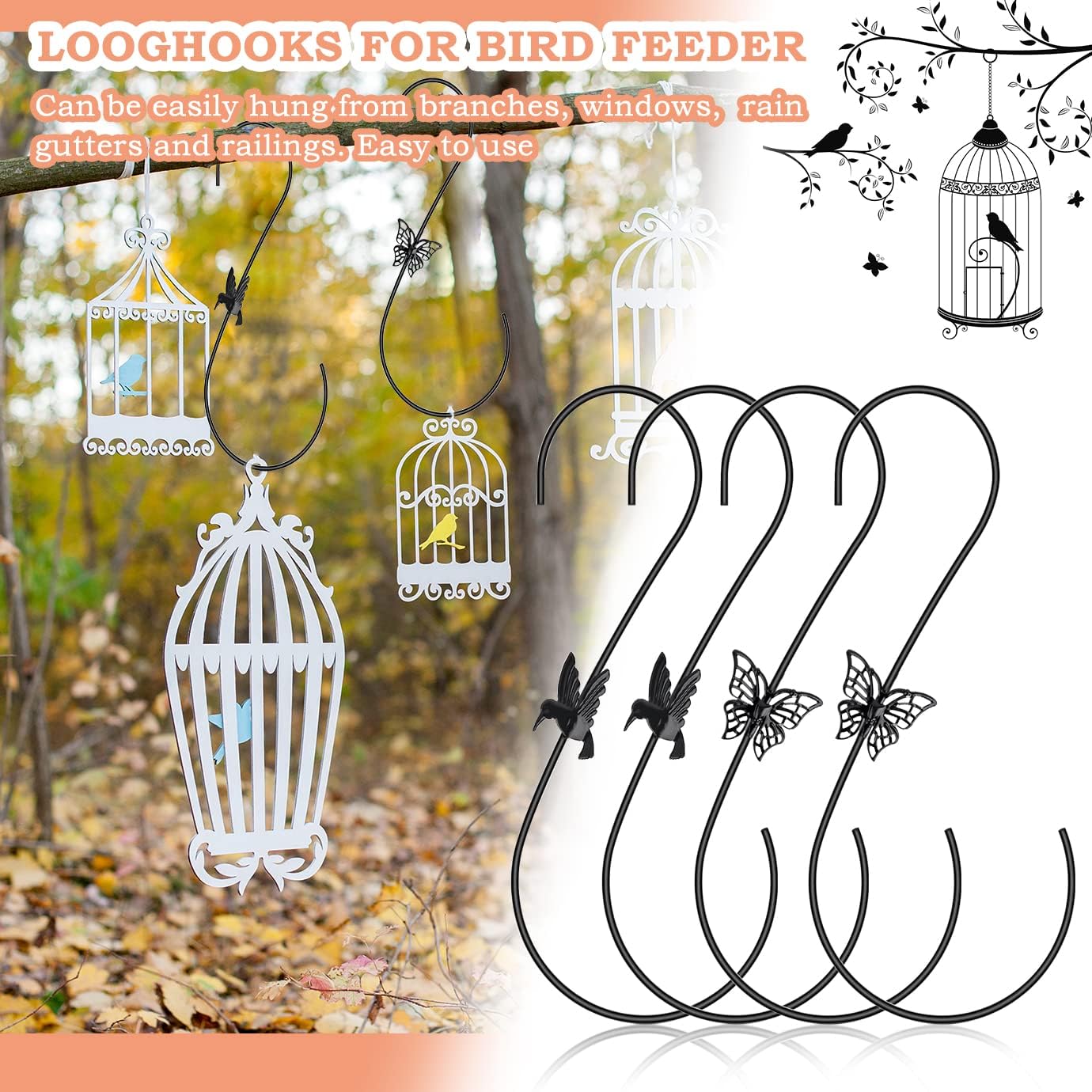 4 ganchos de metal para comedero de colibríes, colgador de gancho de acero inoxidable para comedero de pájaros de 12 pulgadas, gancho de rama de