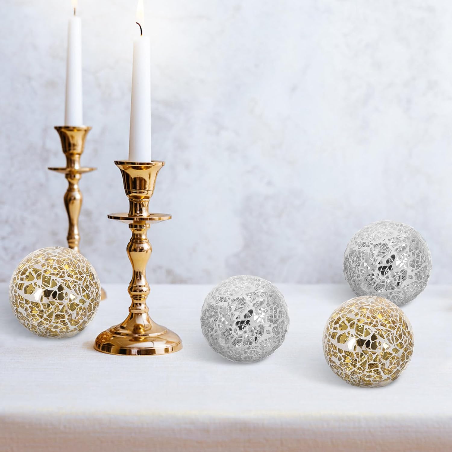 SEWACC Bolas decorativas de mosaico, 4 unidades, bolas redondas de mosaico, bolas de vidrio de mosaico decorativas, bola sólida de vidrio para