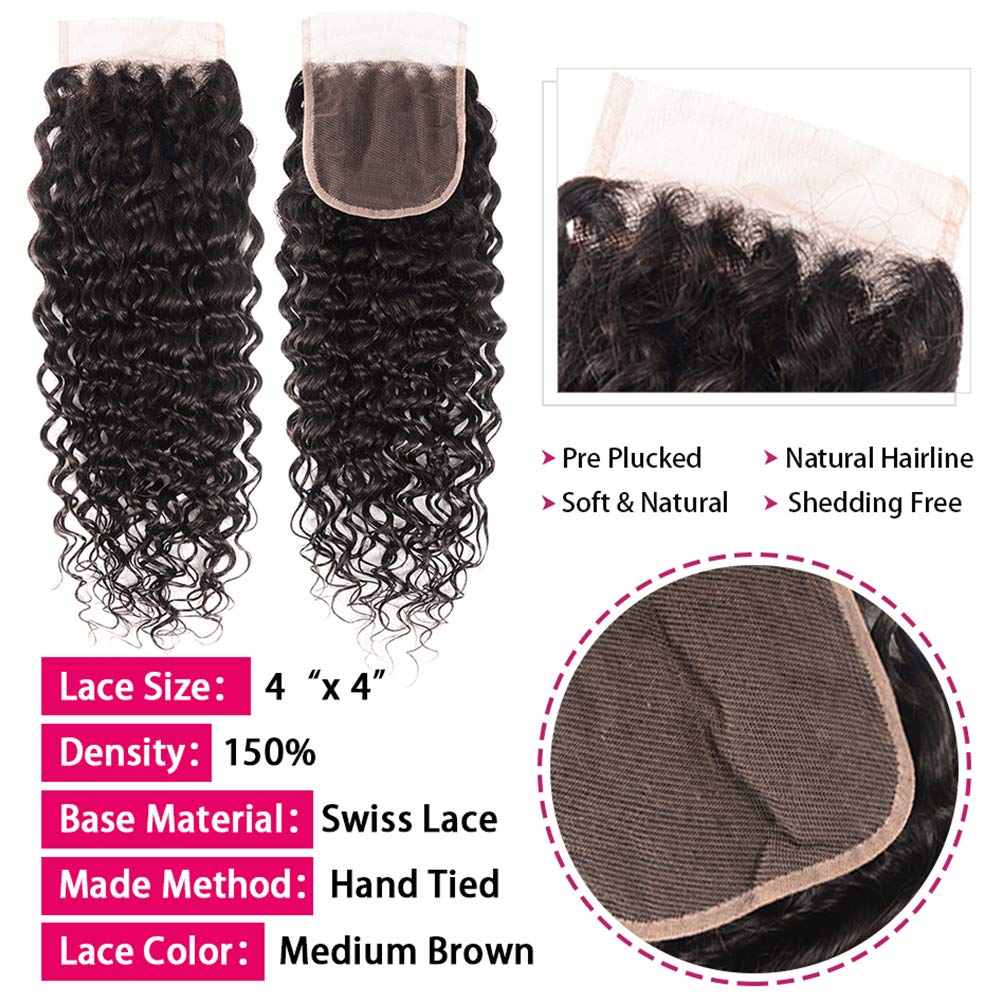 Miss GAGA – Cabello virgen peruano ondulado de grado 8A, 3 paquetes con cierre, pelo negro virgen natural no procesado, con cierre de encaje de 4 x