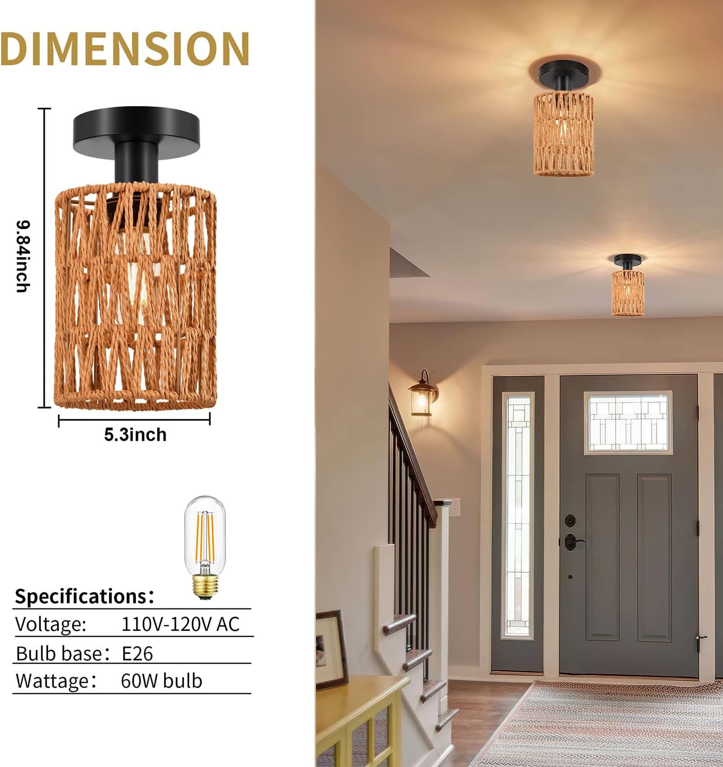 Lámpara de techo estilo bohemio, mini lámpara de araña de ratán con bombilla LED regulable (2700 K), lámparas de techo tejidas a mano para pasillo,
