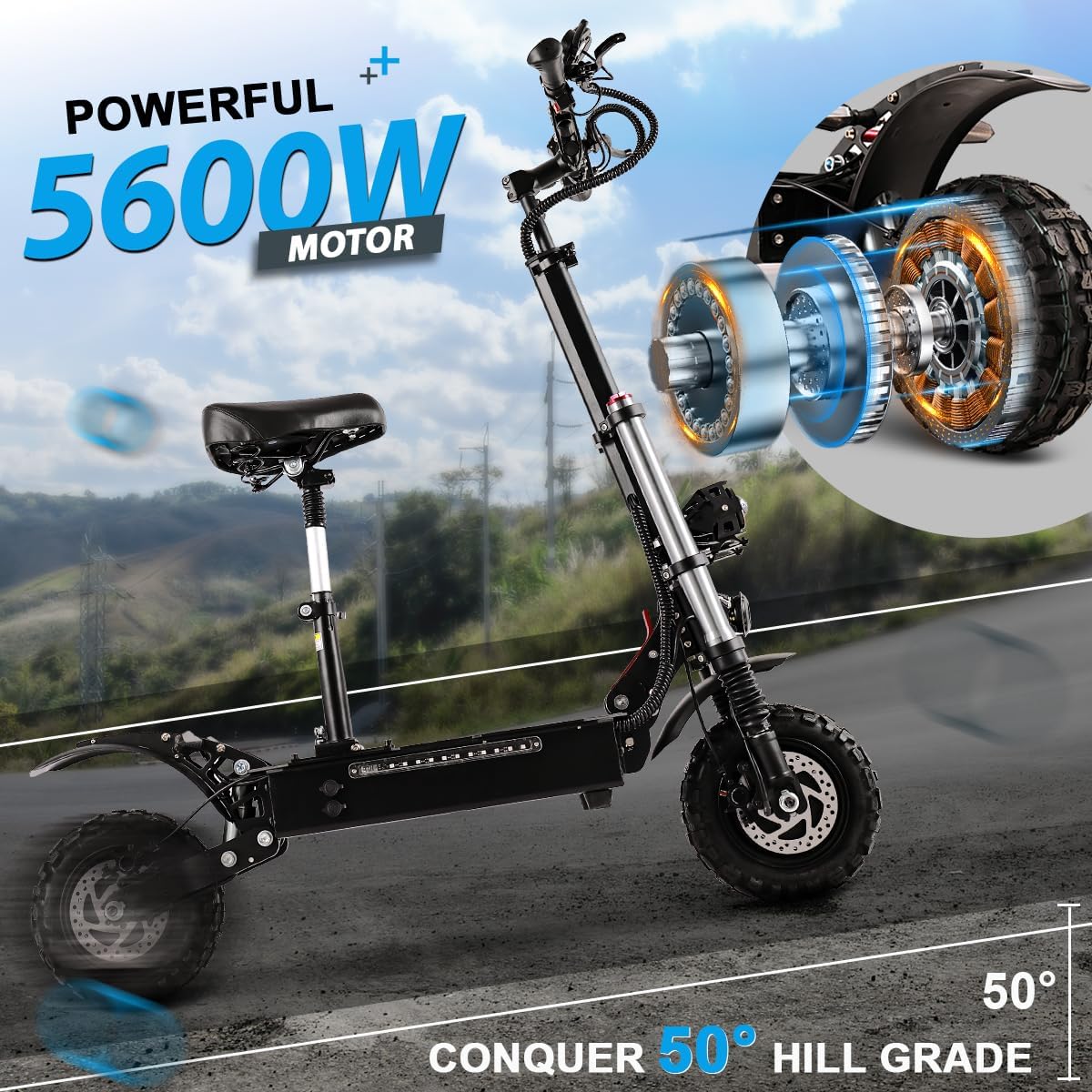 Patinete eléctrico T88 para adultos, 5600 W de doble motor 60 V28 Ah, batería máxima de 50 MPH y 48 millas de largo alcance, freno de disco de