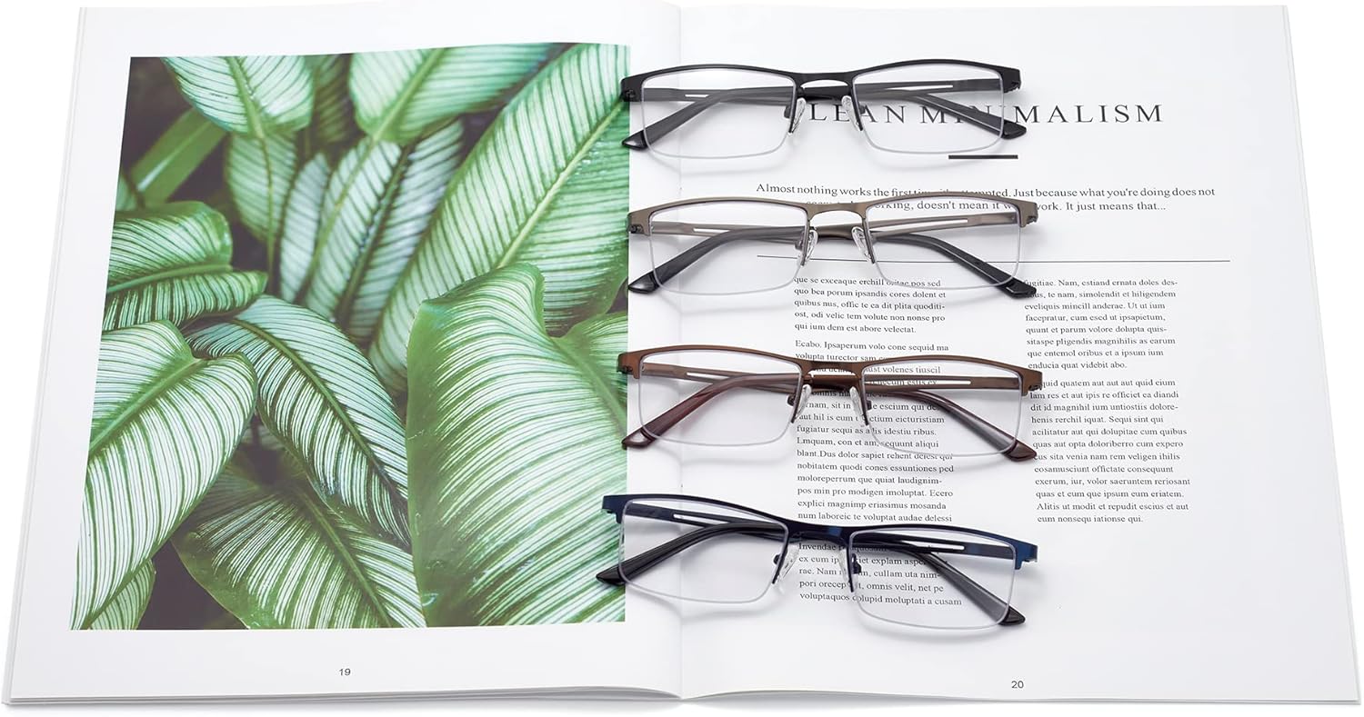 Gafas de lectura con luz azul para hombre, lentes de lectura de medio marco de metal, bisagra de resorte, lentes transparentes con bolsas