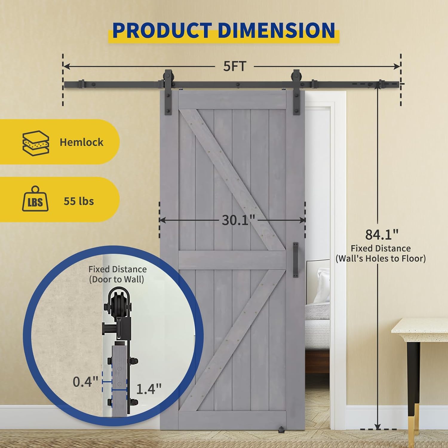 Pipleo – Puerta de granero de 303642 x 84 pulgadas con kit de herrajes para puerta de granero y asa, guía de suelo incluida, puerta corredera sin
