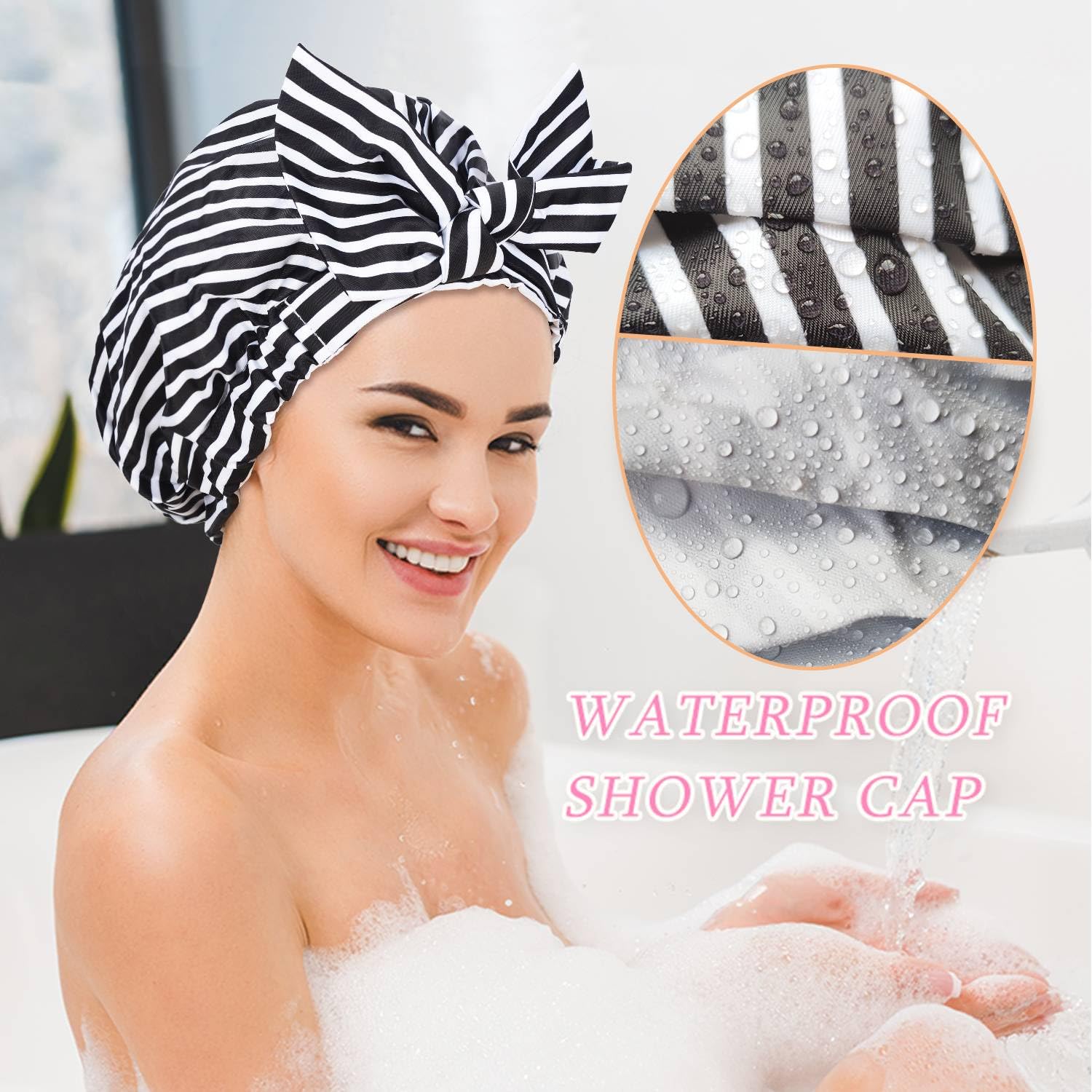 Gorro de ducha de lujo para mujer, reutilizable, impermeable, para ducha, con moño ajustable, gorro de baño (rayas negras)