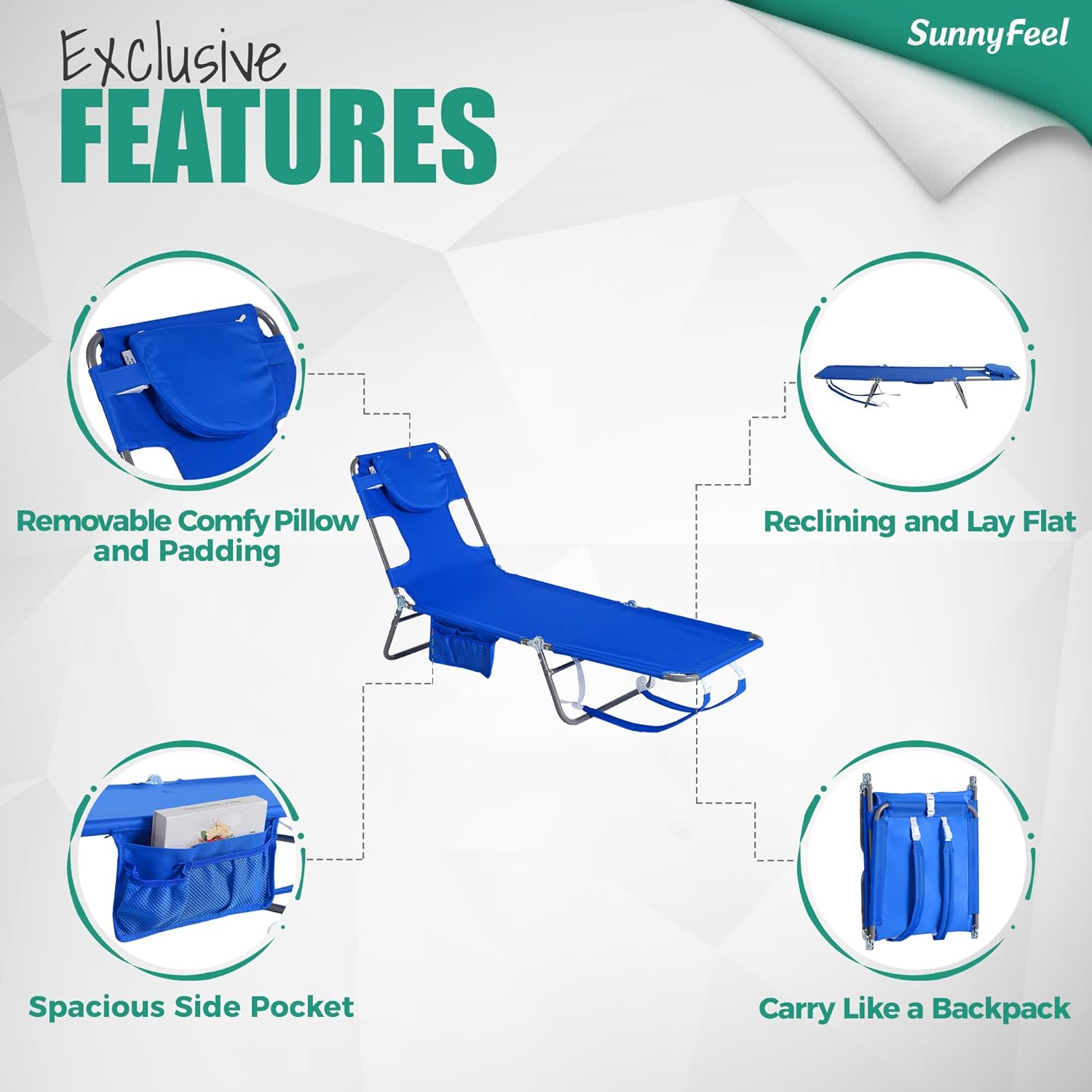 SUNNYFEEL Sillón de playa, mochila reclinable, sillas de playa planas, silla de bronceado boca abajo, sillas de camping plegables, catre portátil