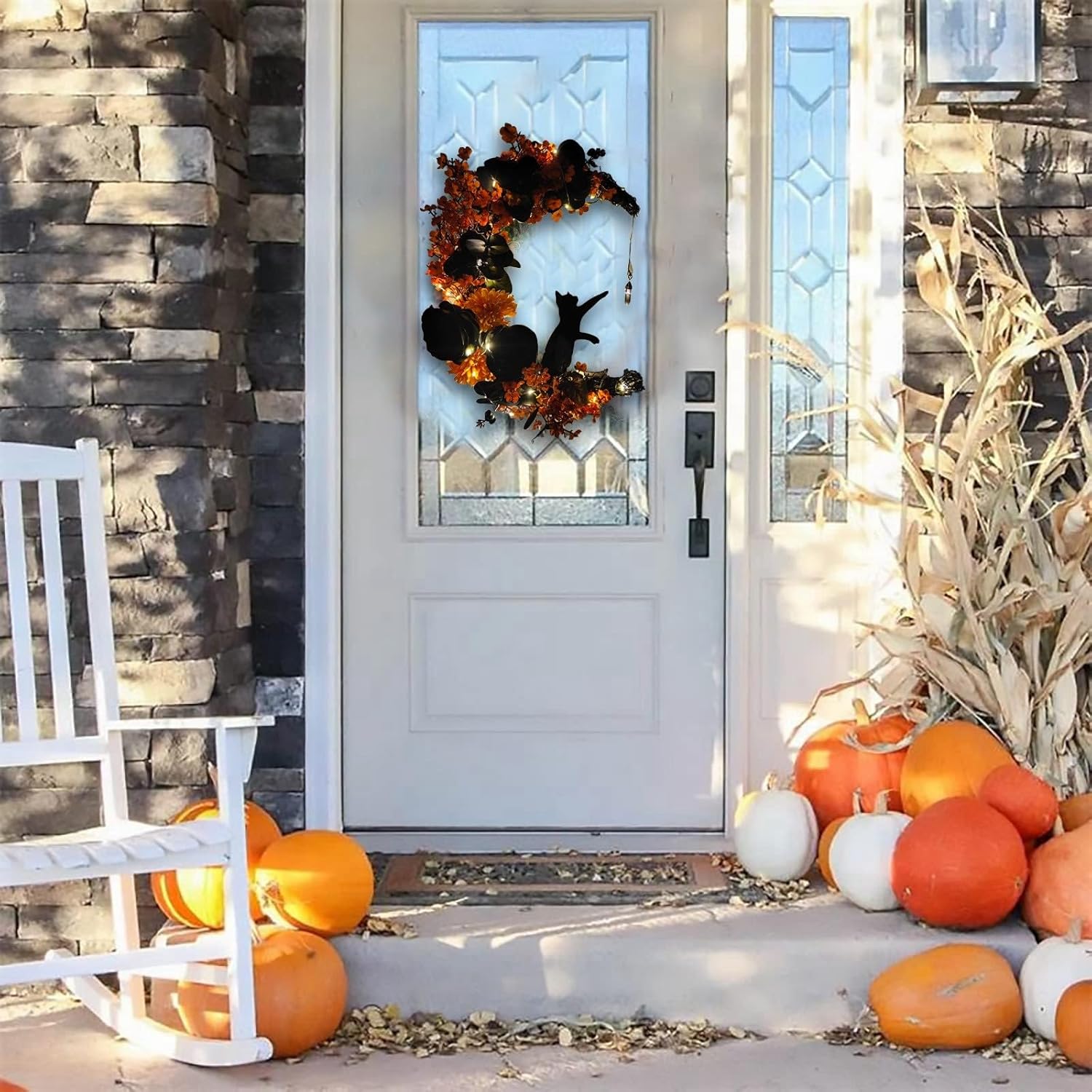 Corona de Halloween, luna y gato con rosa, guirnalda de corona de Halloween negra para puerta delantera, ventana, decoración de pared, bonita corona