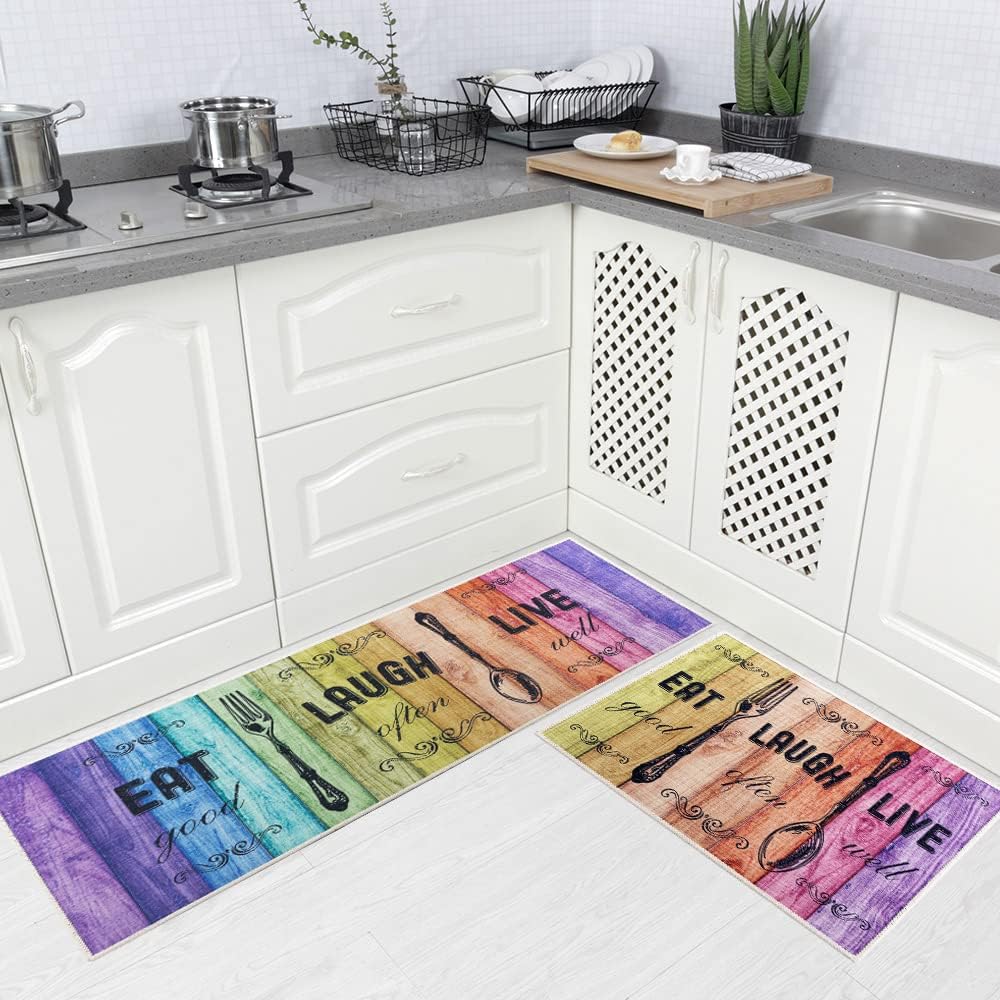 Carvapet Tapete de cocina 2 piezas de 17 x 48 pulgadas + 17 x 24 pulgadas con parte trasera antideslizante, patrón impreso, decoración de granja,