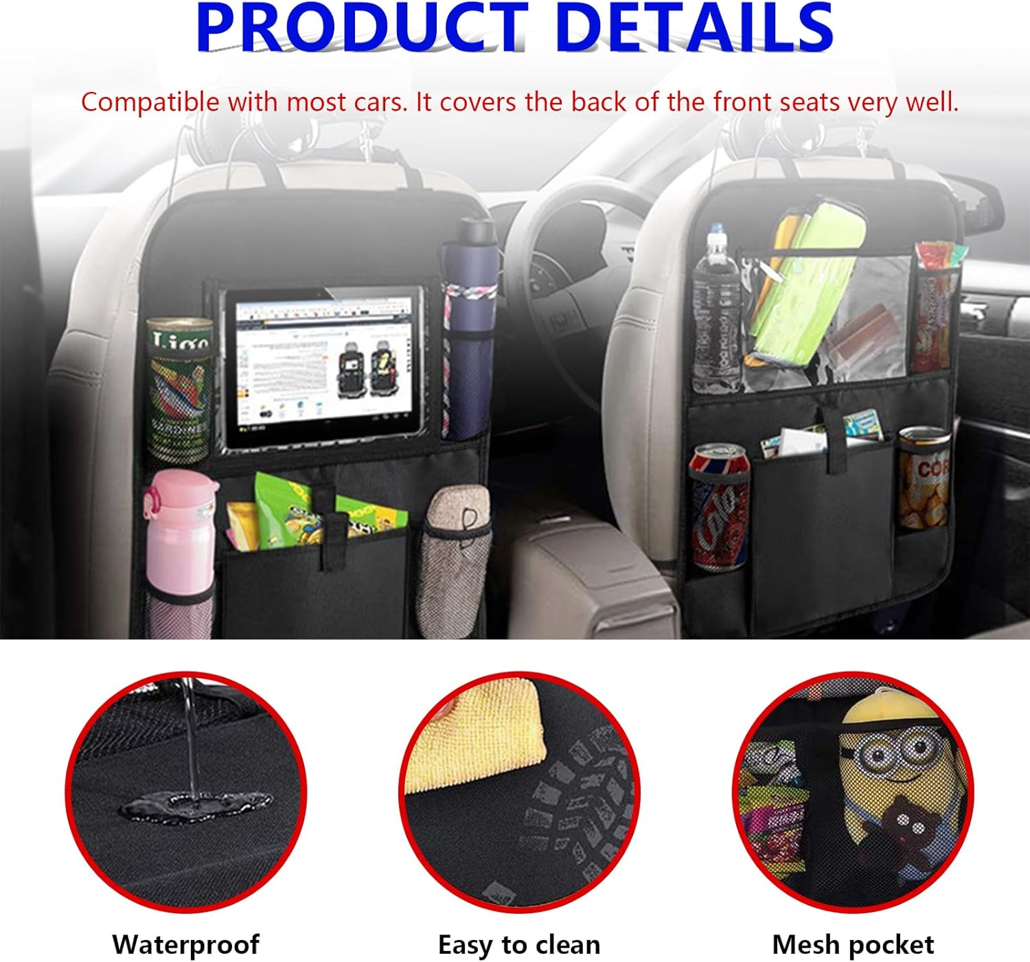 Organizador de asiento trasero de automóvil, 2 bolsillos de almacenamiento de tela Oxford con soporte para tableta para pantalla táctil, protector