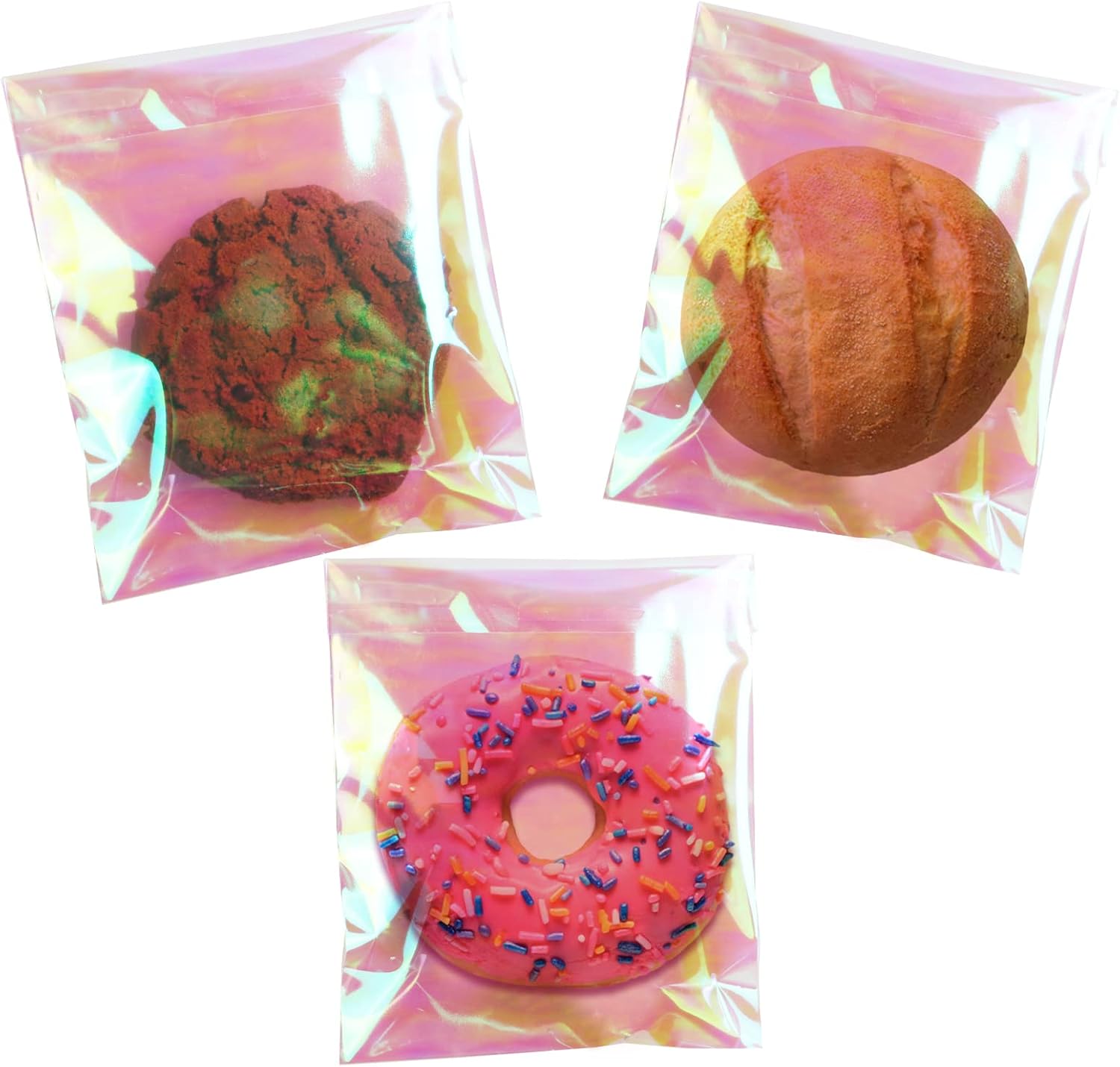 SUREHOME Bolsas para galletas con sellado, 100 unidades, 5 x 6 pulgadas, holográficas, iridiscentes, autoadhesivas, bolsas de celofán resellables,