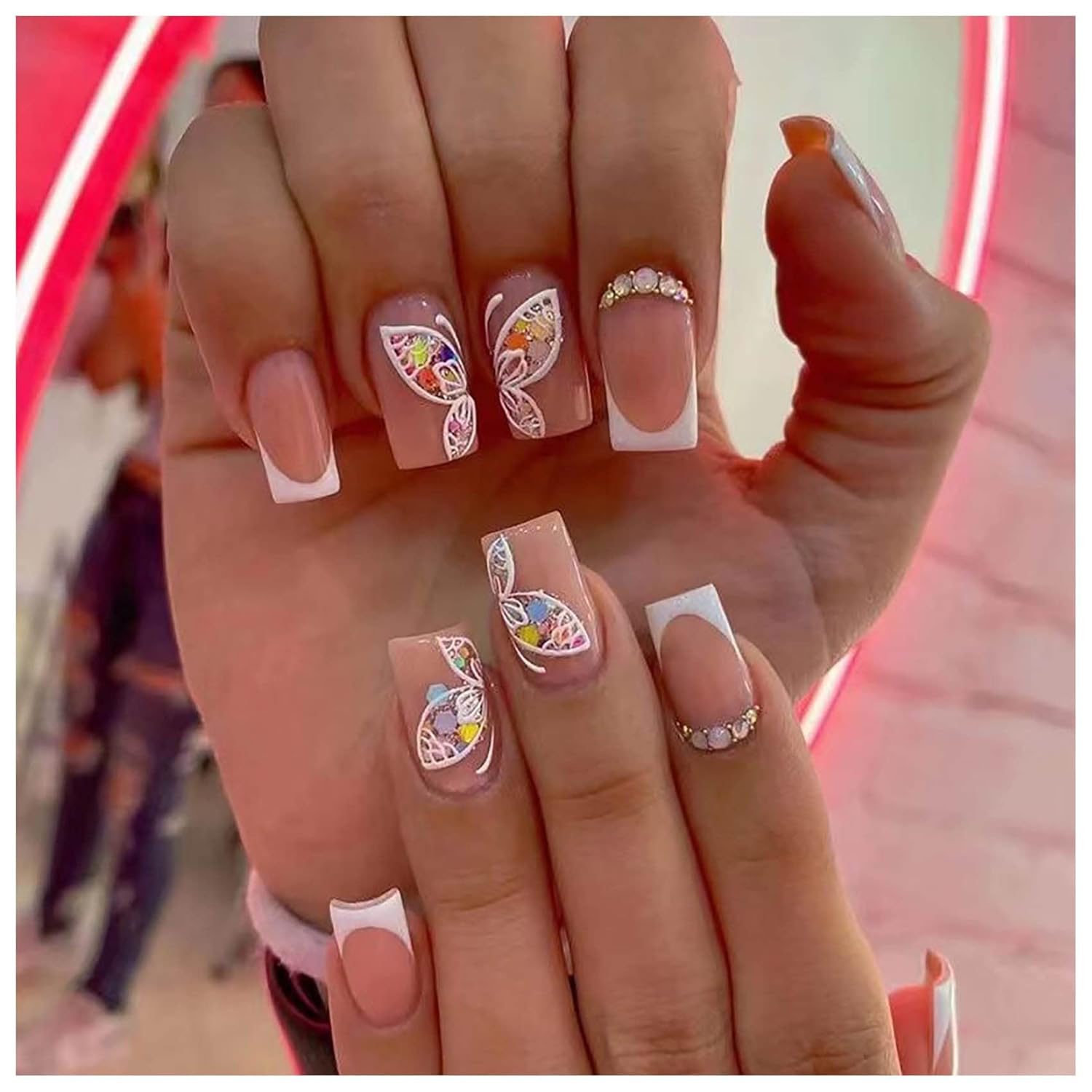Uñas postizas a presión, francesas, cortas, medianas, cuadradas, rosas, mariposa, diamantes de imitación, uñas postizas cortas cuadradas acrílicas