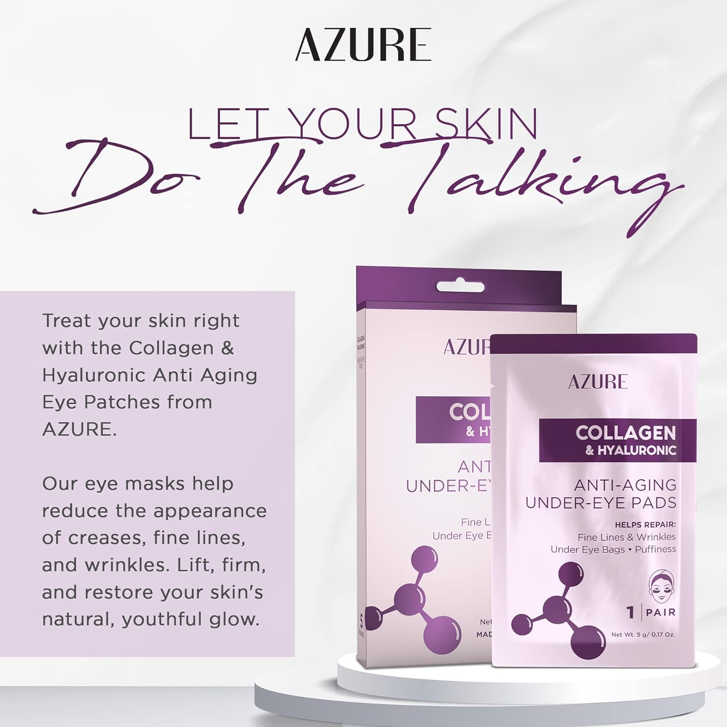 Azure Cosmetics Almohadillas antienvejecimiento de colágeno y ácido hialurónico para debajo de los ojos, parches de máscara de ojos que levantan e