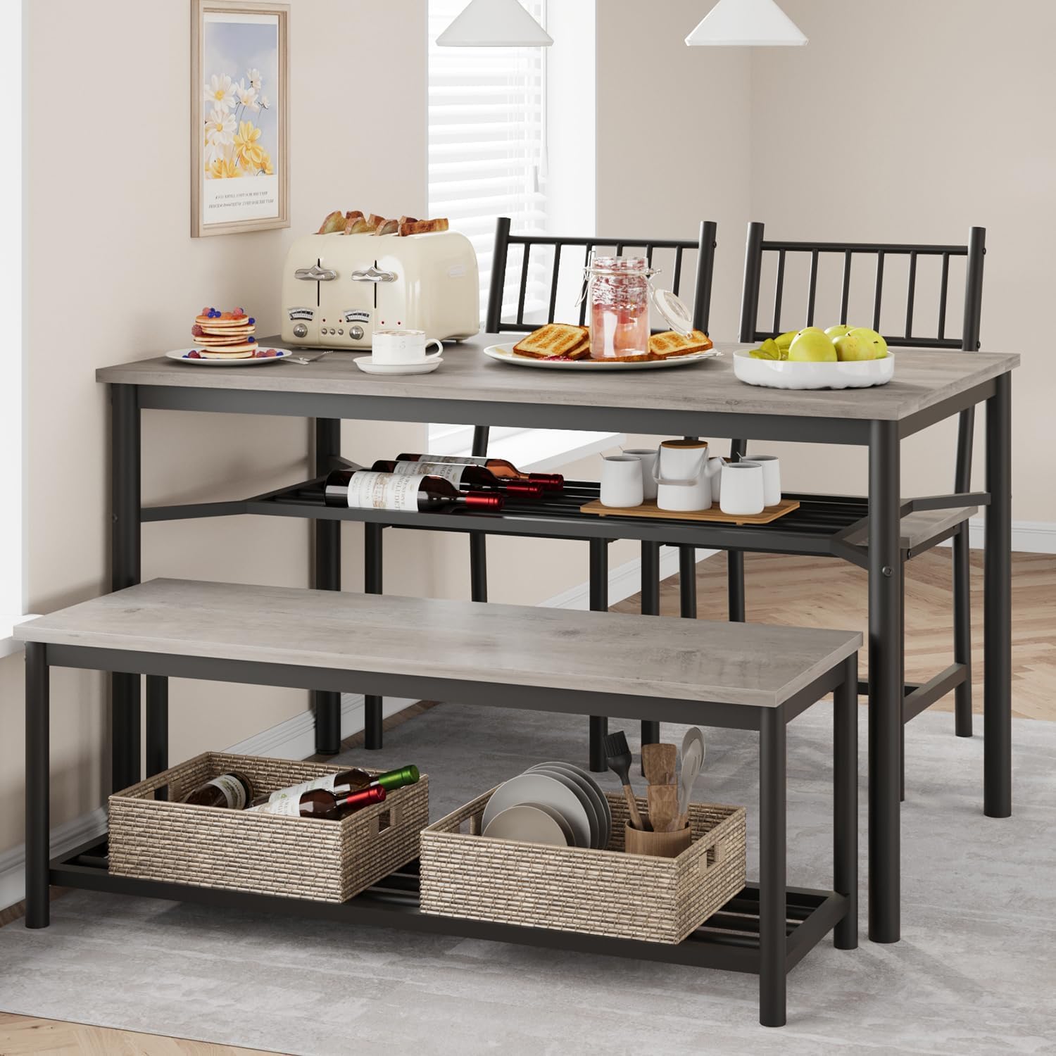 IDEALHOUSE Juego de mesa de comedor para 4, mesa de cocina y 2 sillas con banco de almacenamiento, juego de mesa de cocina rectangular de 47.2
