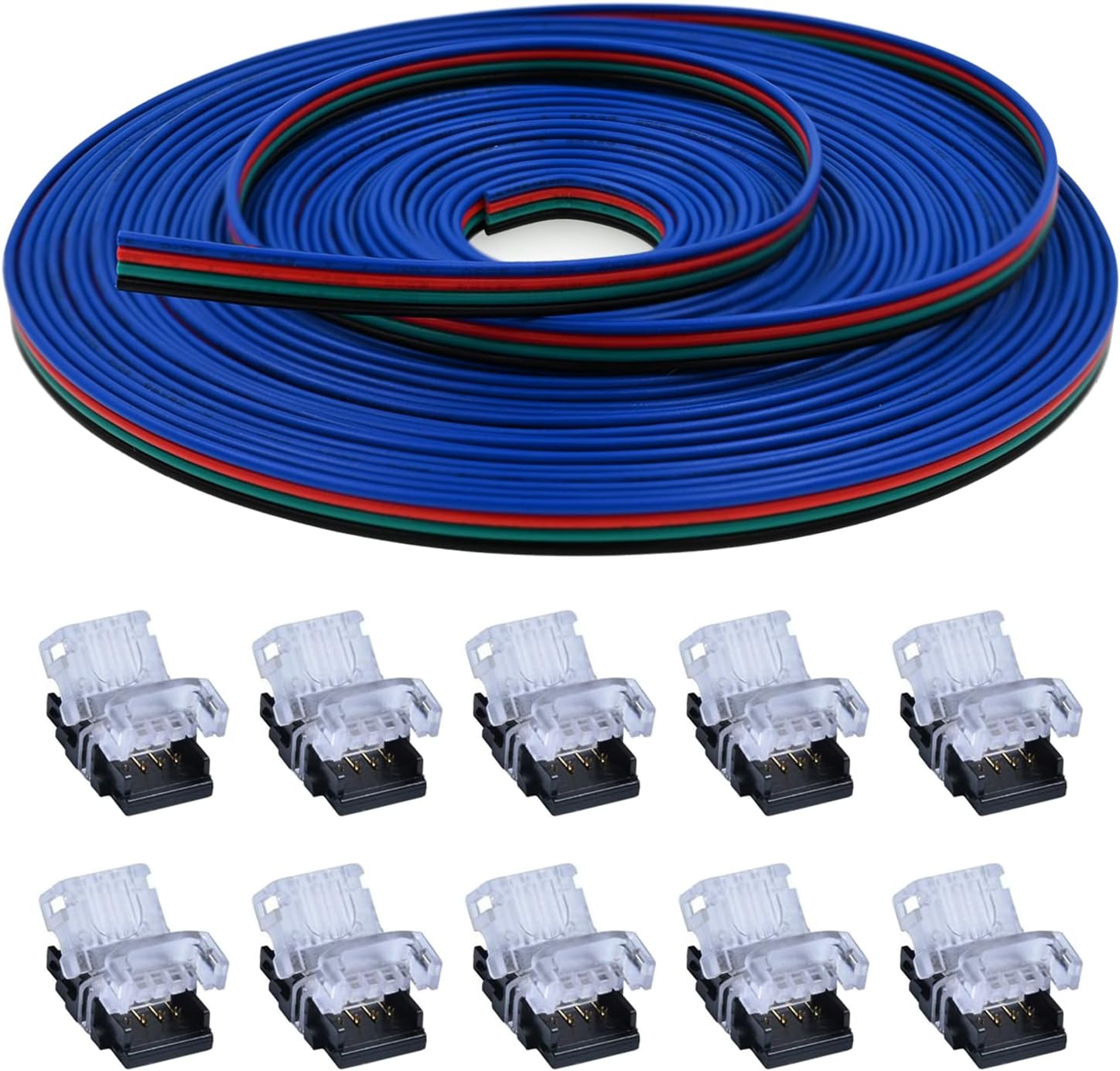 Paquete de 10 conectores LED sin soldadura para tira LED a cable, conexión rápida, con cable de extensión RGB de 4 pines 22 AWG de 32.8 pies