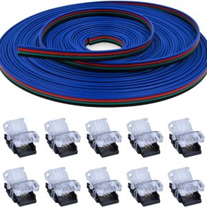 Paquete de 10 conectores LED sin soldadura para tira LED a cable, conexión rápida, con cable de extensión RGB de 4 pines 22 AWG de 32.8 pies Paquete de 10 conectores LED sin soldadura para tira LED a cable, conexión rápida, con cable de extensión RGB de 4 pines 22 AWG de 32.8 pies