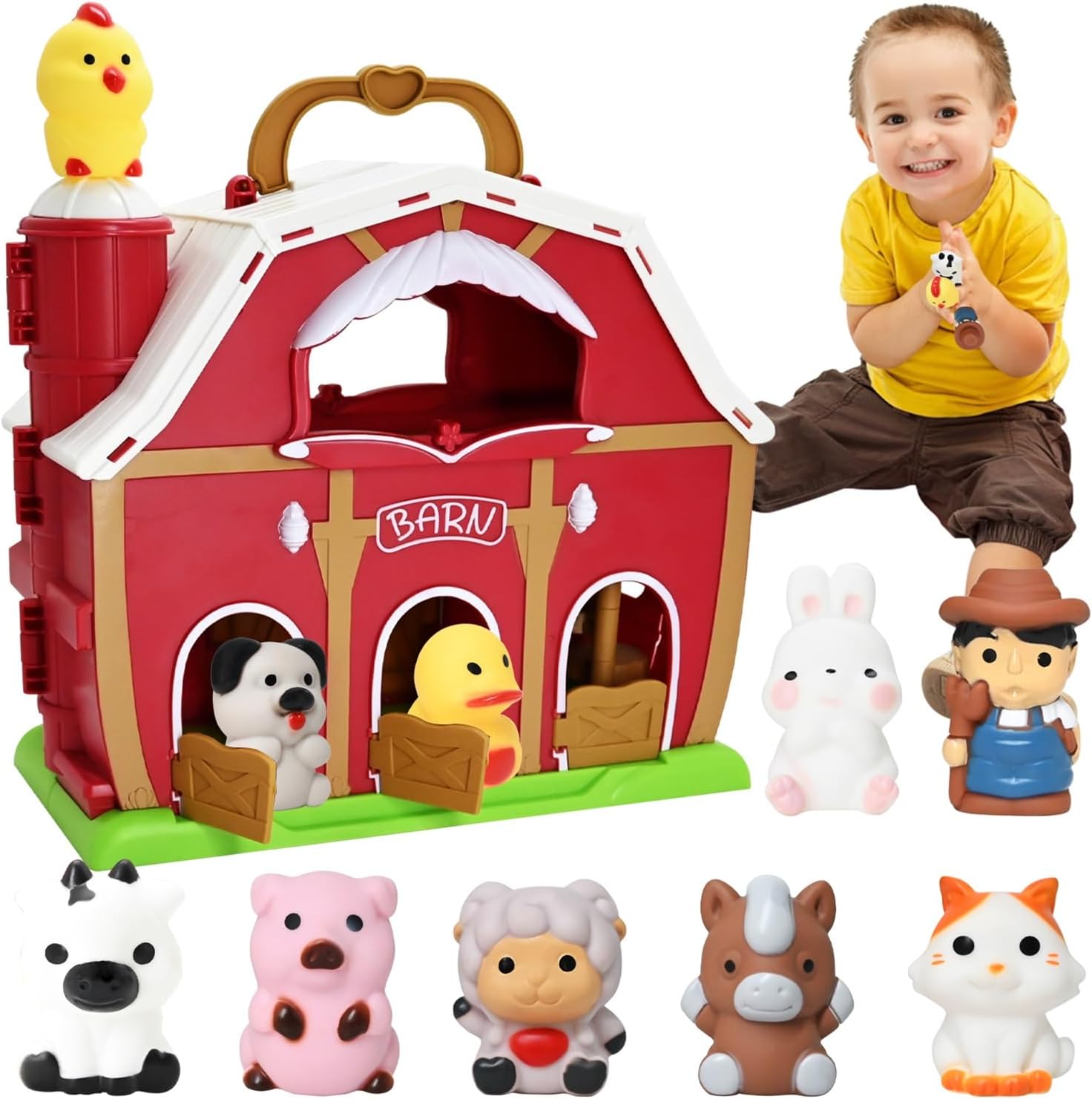 Big Red Barn Farm Animal Toy para niños pequeños de 1, 2 y 3 años, juguetes de aprendizaje Montessori preescolar, juego de granja de simulación con