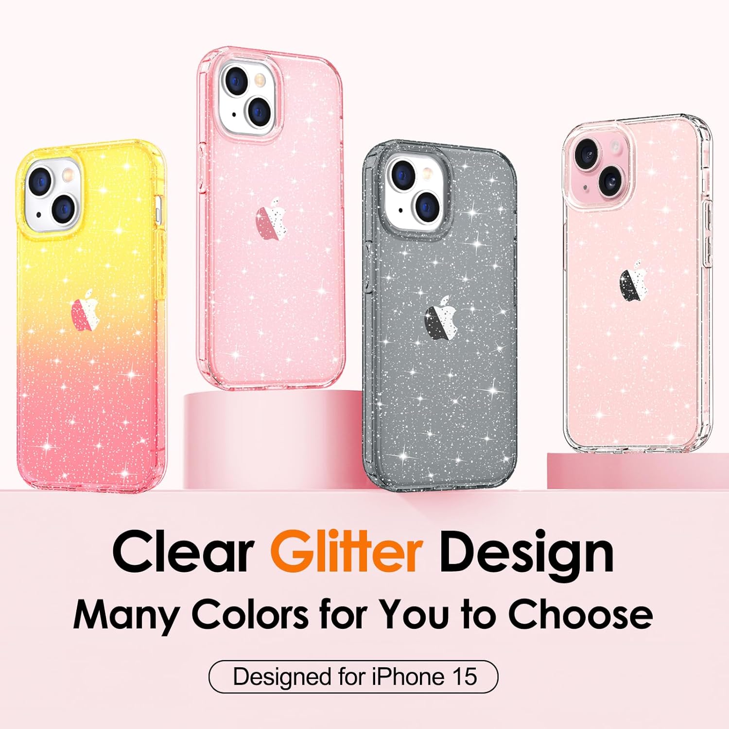 Hython Funda para iPhone 15 con purpurina, bonita funda transparente con purpurina brillante, antiarañazos, TPU suave, ajuste delgado, a prueba de