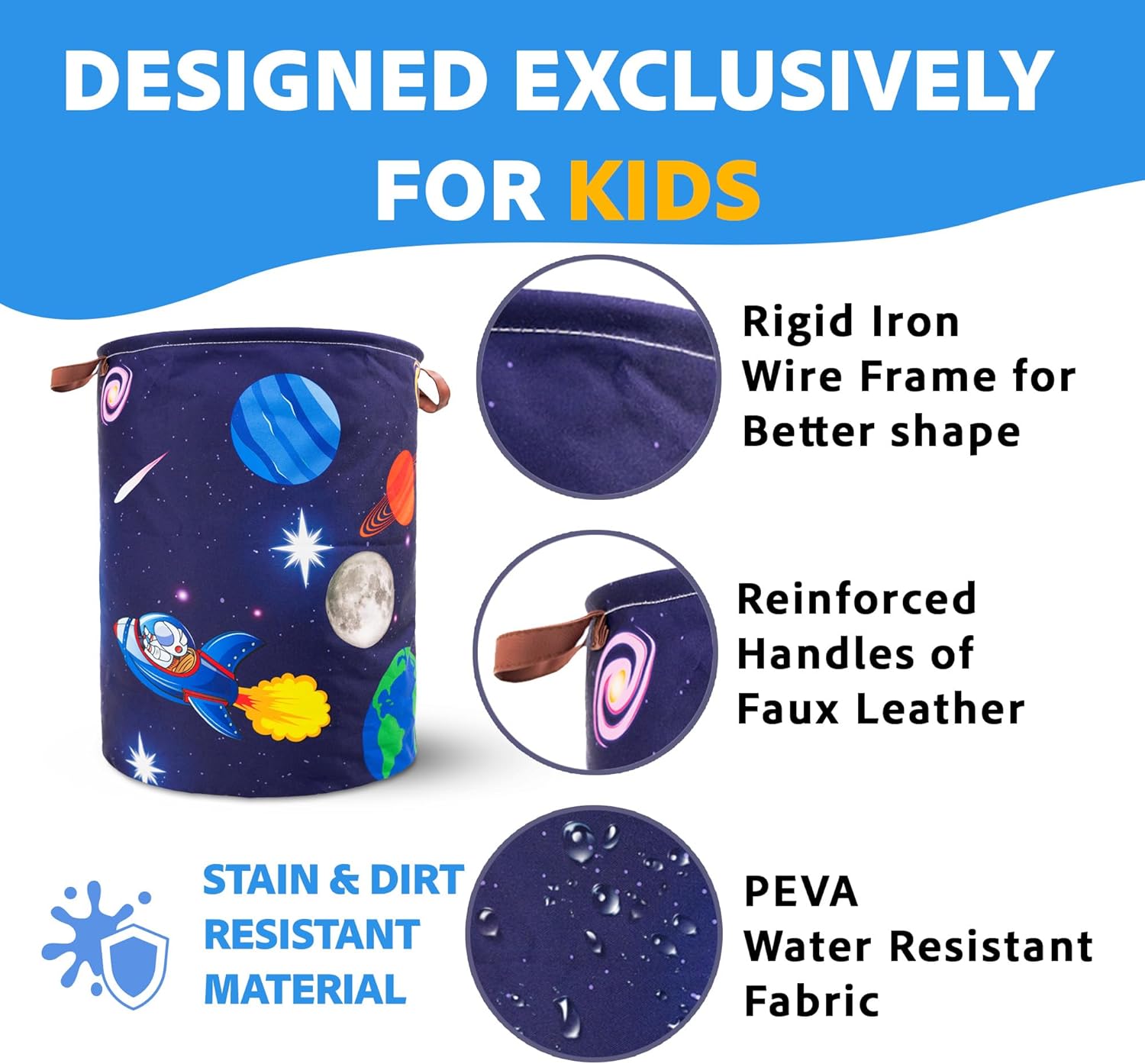 Cesta de lavandería para niños, tema de cohete espacial de astronauta, impermeable, plegable con asas, cesta de lona para cuarto de bebé de 45 L,
