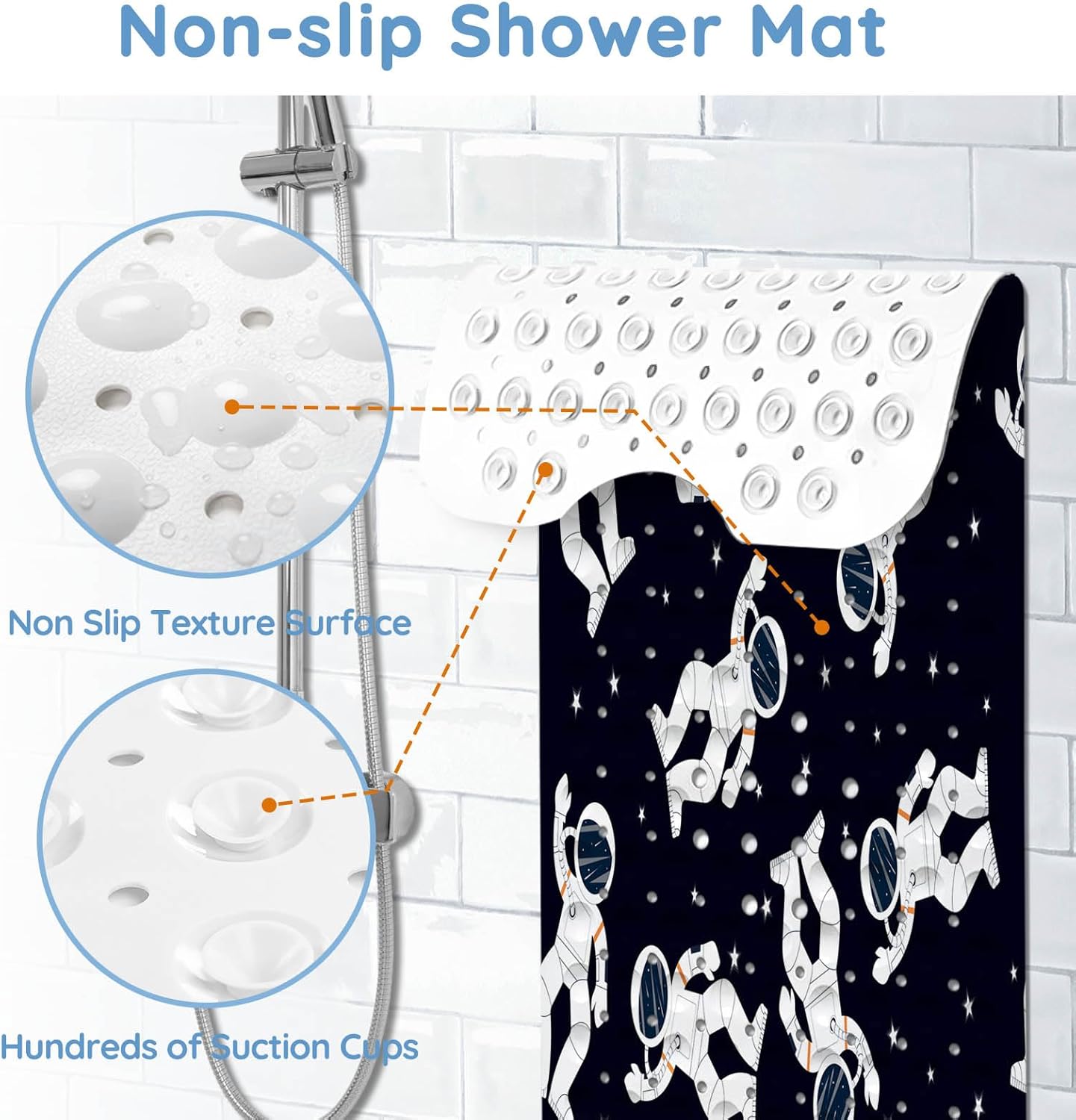 KINUUIS Tapetes de bañera para niños, tapete de baño de astronauta negro antideslizante para bañera de 40 x 16 pulgadas, grande, lavable,