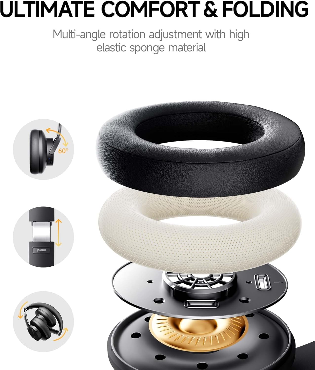 Picun Auriculares Bluetooth B8, auriculares inalámbricos de 120 horas, llamadas manos libres, 3EQ y modo de juego, auriculares plegables sobre la