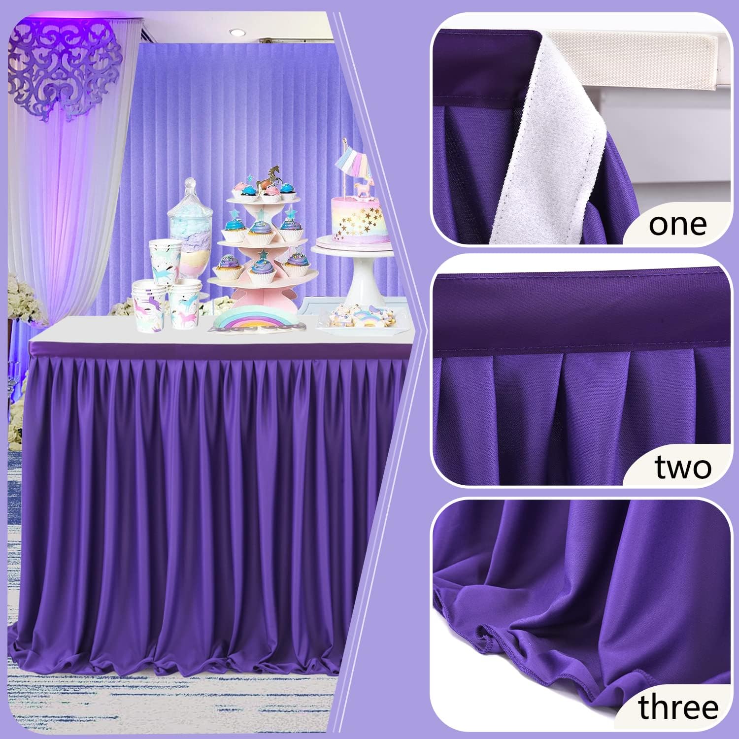 Partisky Falda de mesa de poliéster morado para mesas rectangulares de 17 pies, mantel plisado resistente a las arrugas para banquetes, bodas,