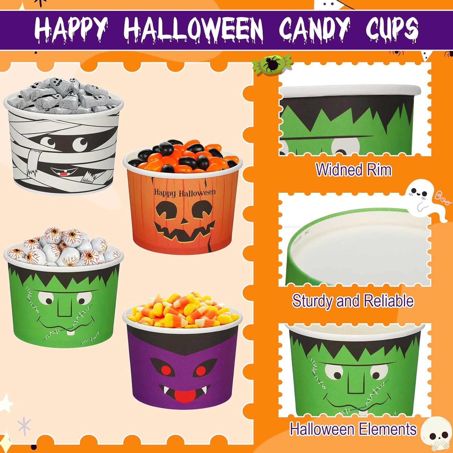 300 tazas desechables de 8 onzas para refrigerios de Halloween, cuencos de postre, tazas de calabaza, vasos de papel de esqueleto, tazas de helado