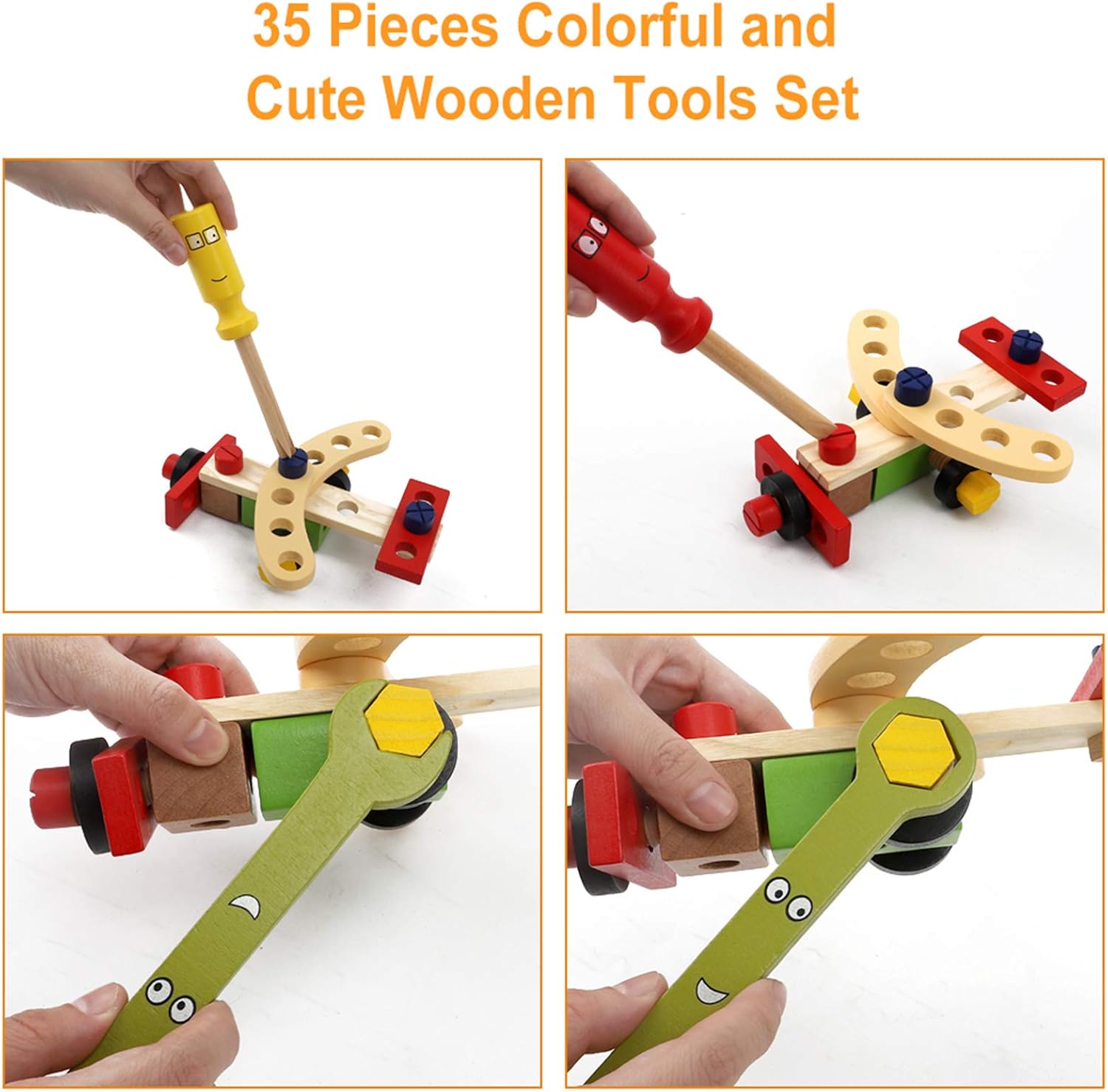 Aomola Kit de herramientas para niños, juego de herramientas de madera con herramientas coloridas, juguetes de simulación, regalos para niños