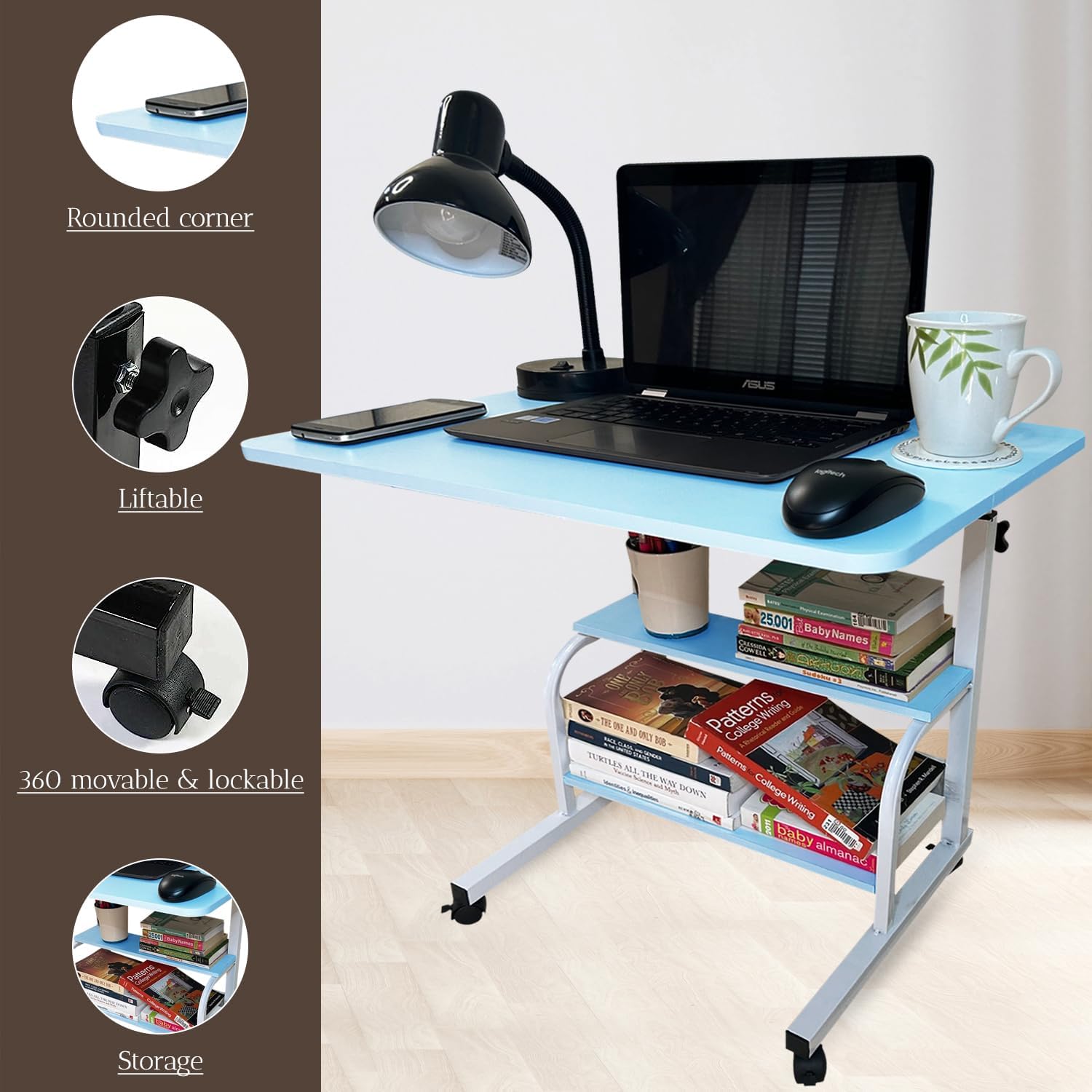 Escritorio ajustable para computadora portátil, pequeño escritorio móvil delgado con ruedas para dormitorio, sofá, sala de estar, estudio,