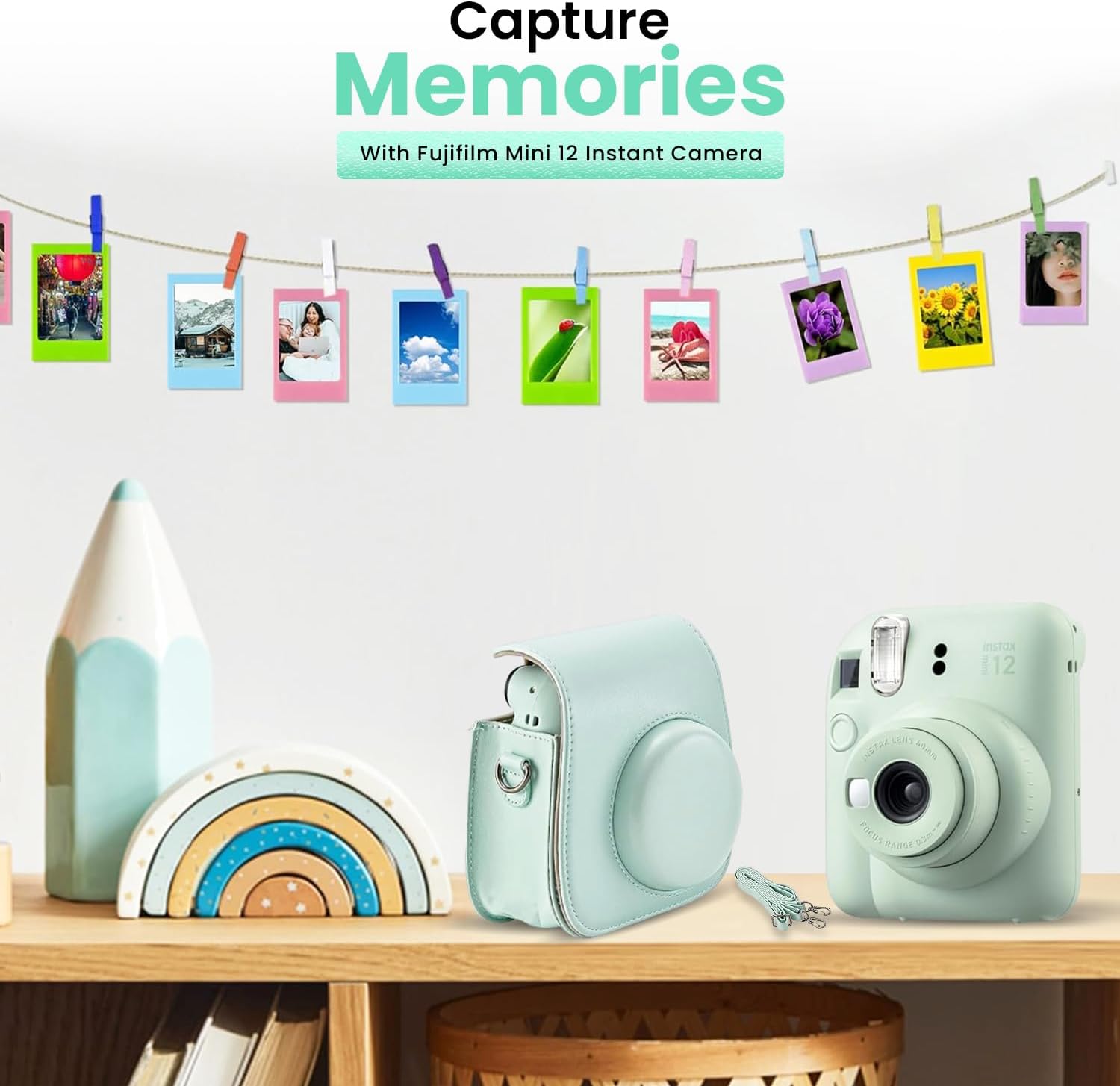 Fujifilm Instax Mini 12 – Cámara instantánea verde menta + paquete de accesorios MiniMate y funda personalizada compatible + película Fuji Instax