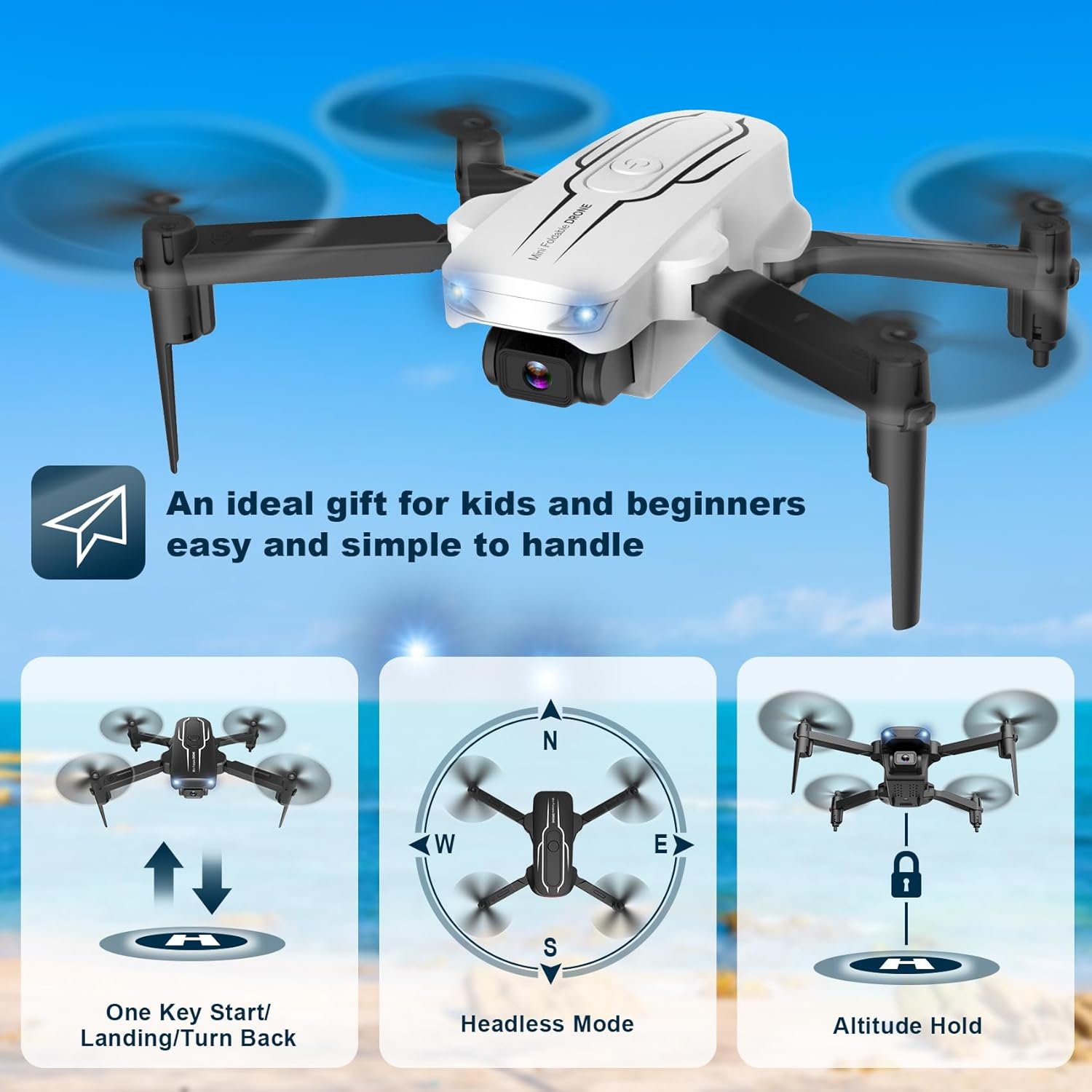 Mini dron con cámara para adultos y niños  Drones con cámara FPV HD 1080P con lente ajustable de 90, selfie de gestos, inicio de una tecla, giros de