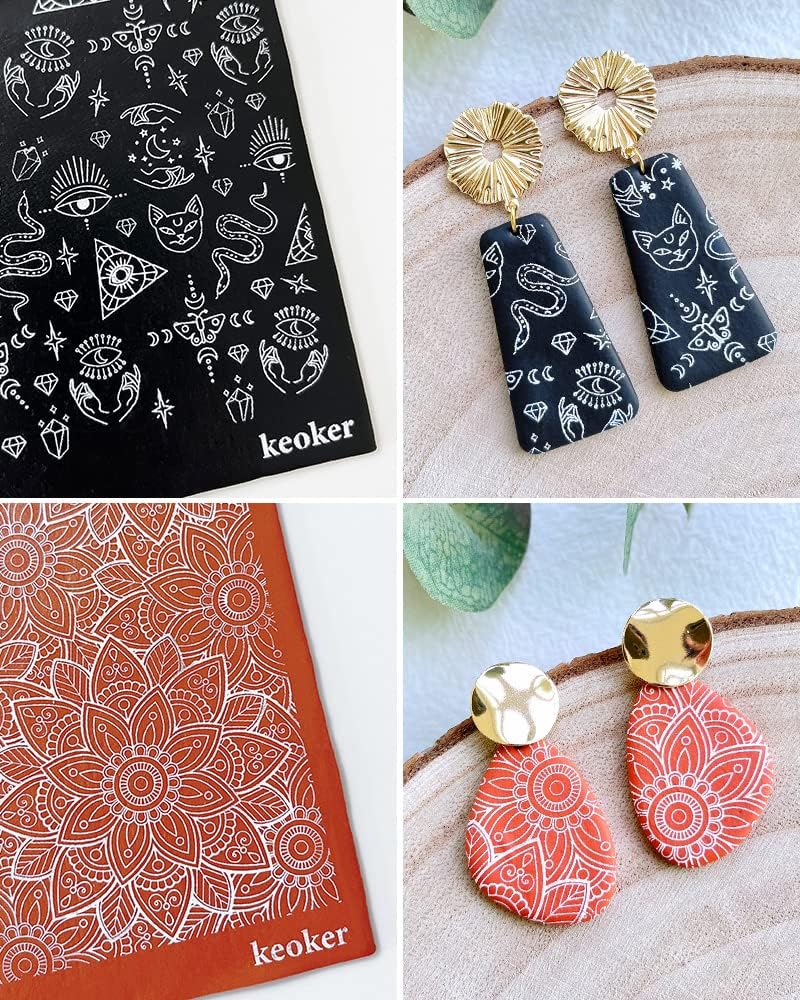 Keoker Plantillas de pantalla de seda boho para arcilla polimérica, 6 piezas de pantalla de seda azteca y bohemia para arcilla polimérica, para
