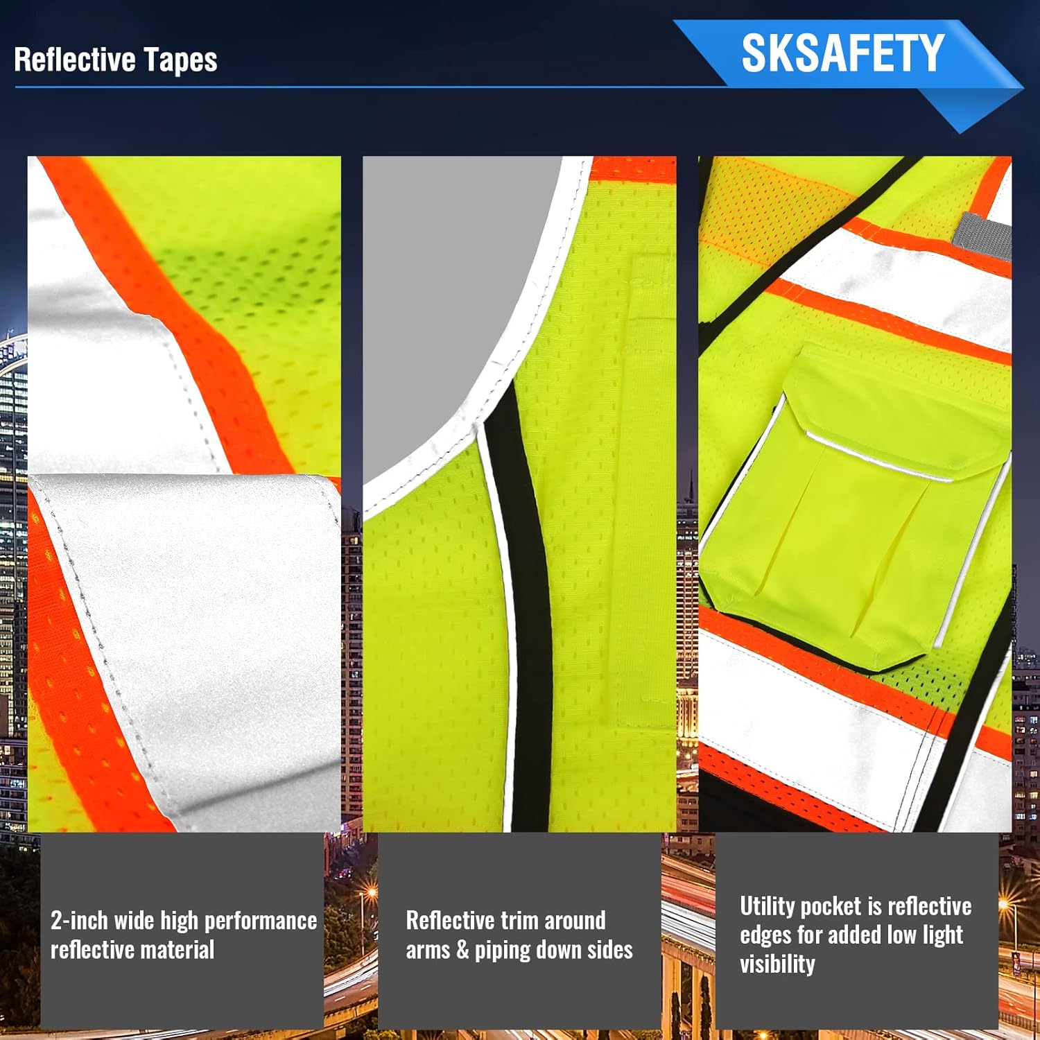 SKSAFETY Chaleco de seguridad de nivel profesional de 10 bolsillos, seguridad de alta visibilidad clase 2 con cremallera, Hi Vis con tiras