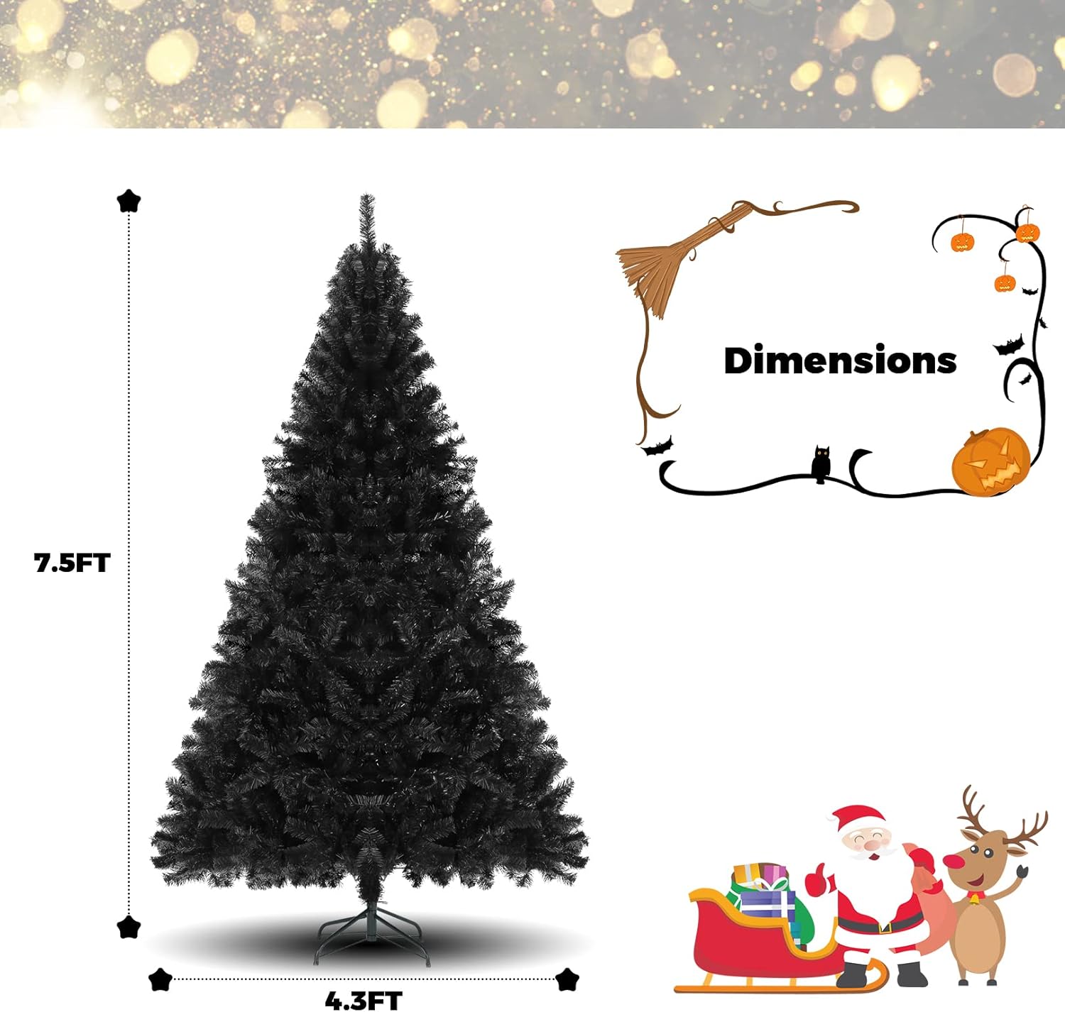 Árbol de Halloween artificial negro de 7.5 pies, sin luz, árbol de Navidad de abeto con bisagras de alta calidad con 1346 puntas de ramas y soporte