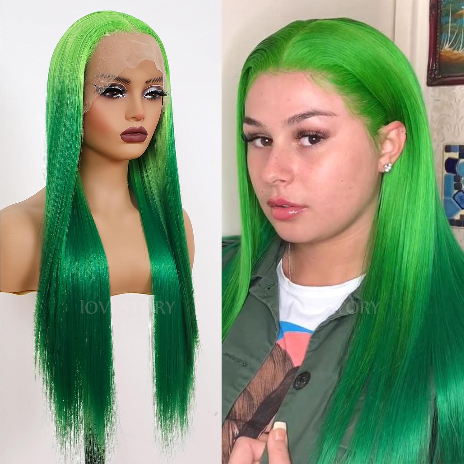 LoveStory Pelucas de encaje frontal de color verde, pelucas largas y lacias, sin pegamento, color verde degradado, peluca resistente al calor,