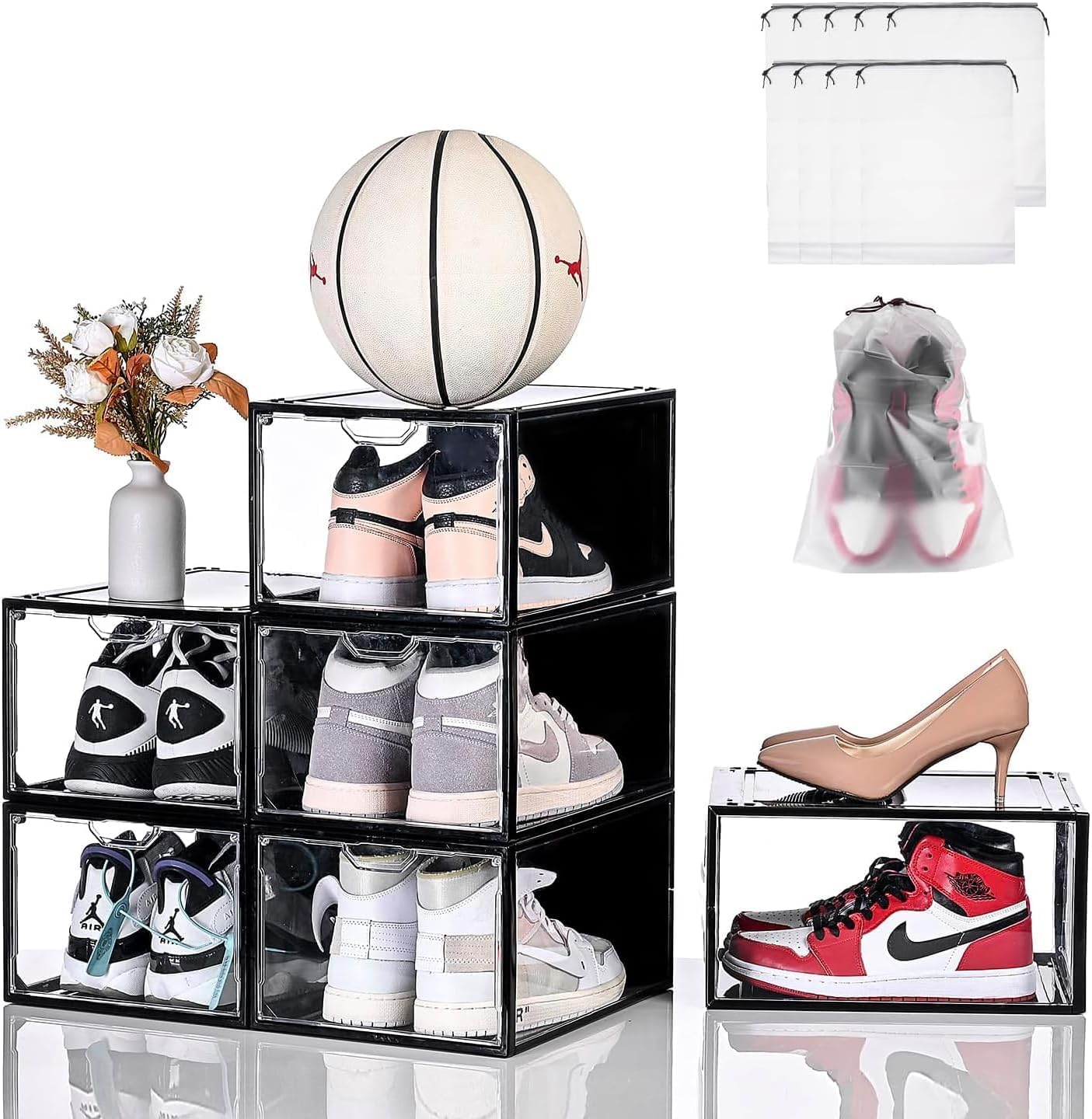 Cajas de almacenamiento de zapatos transparentes apilables, paquete de 6 organizadores de zapatos para armario, caja de tenis, ajuste fuerte y